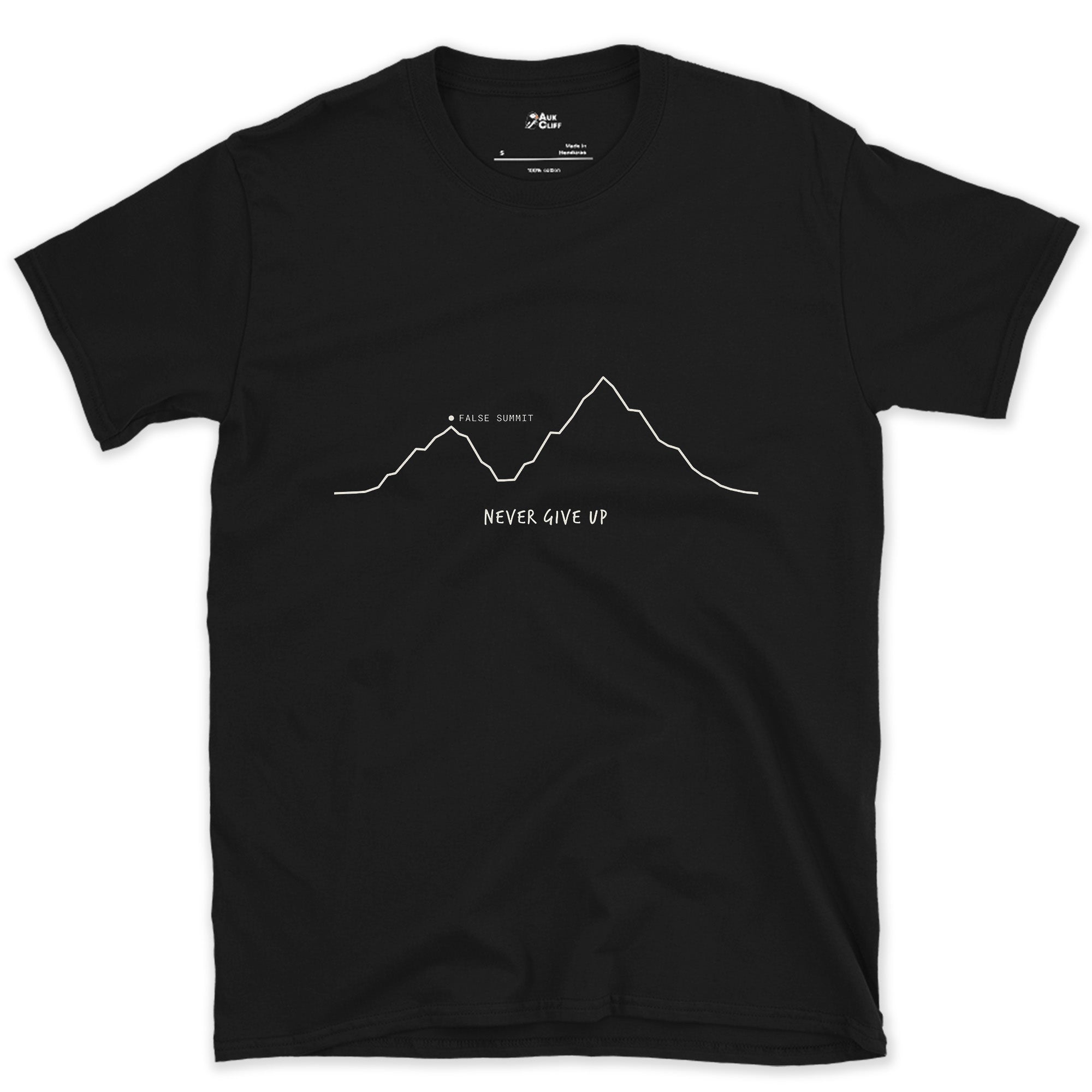 Never Give Up, False Summit design on a Black Gildan Softstyle t-shirt