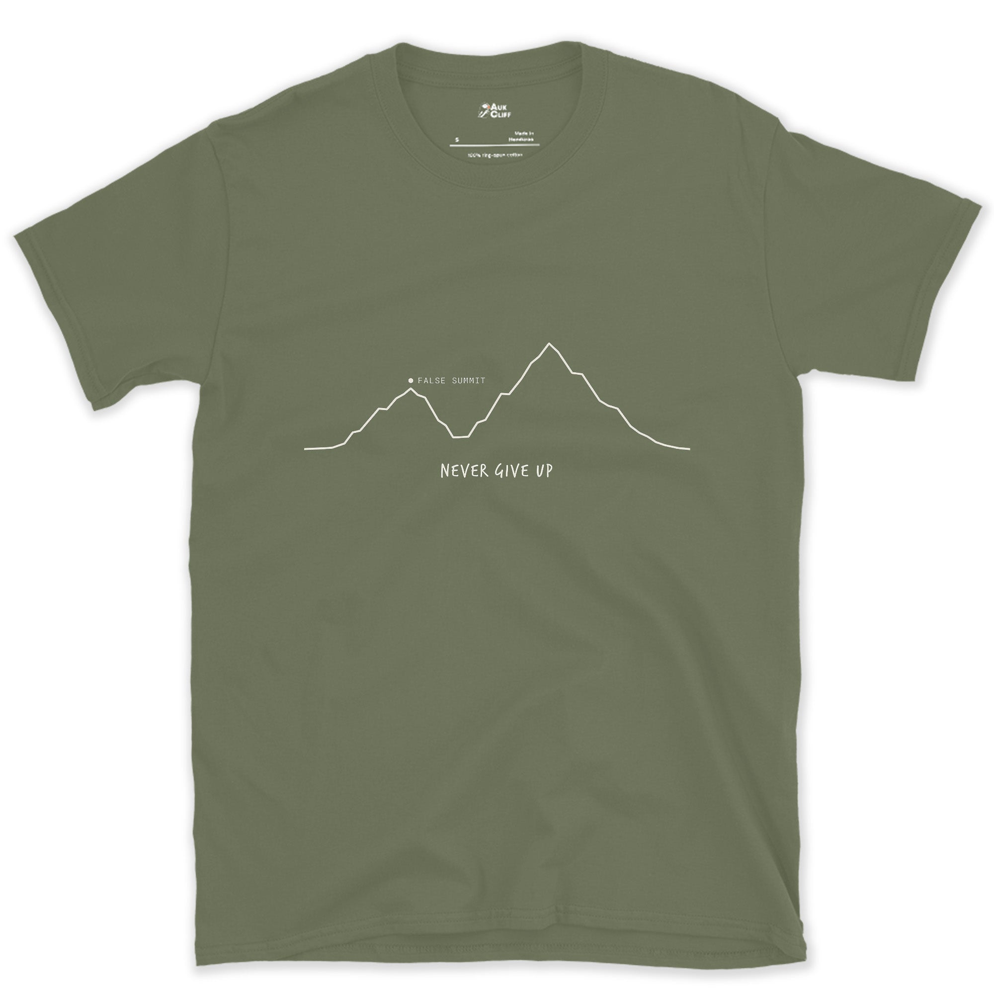 Never Give Up, False Summit design on a Military Green Gildan Softstyle t-shirt