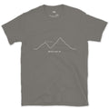 Never Give Up, False Summit design on a Charcoal Gildan Softstyle t-shirt