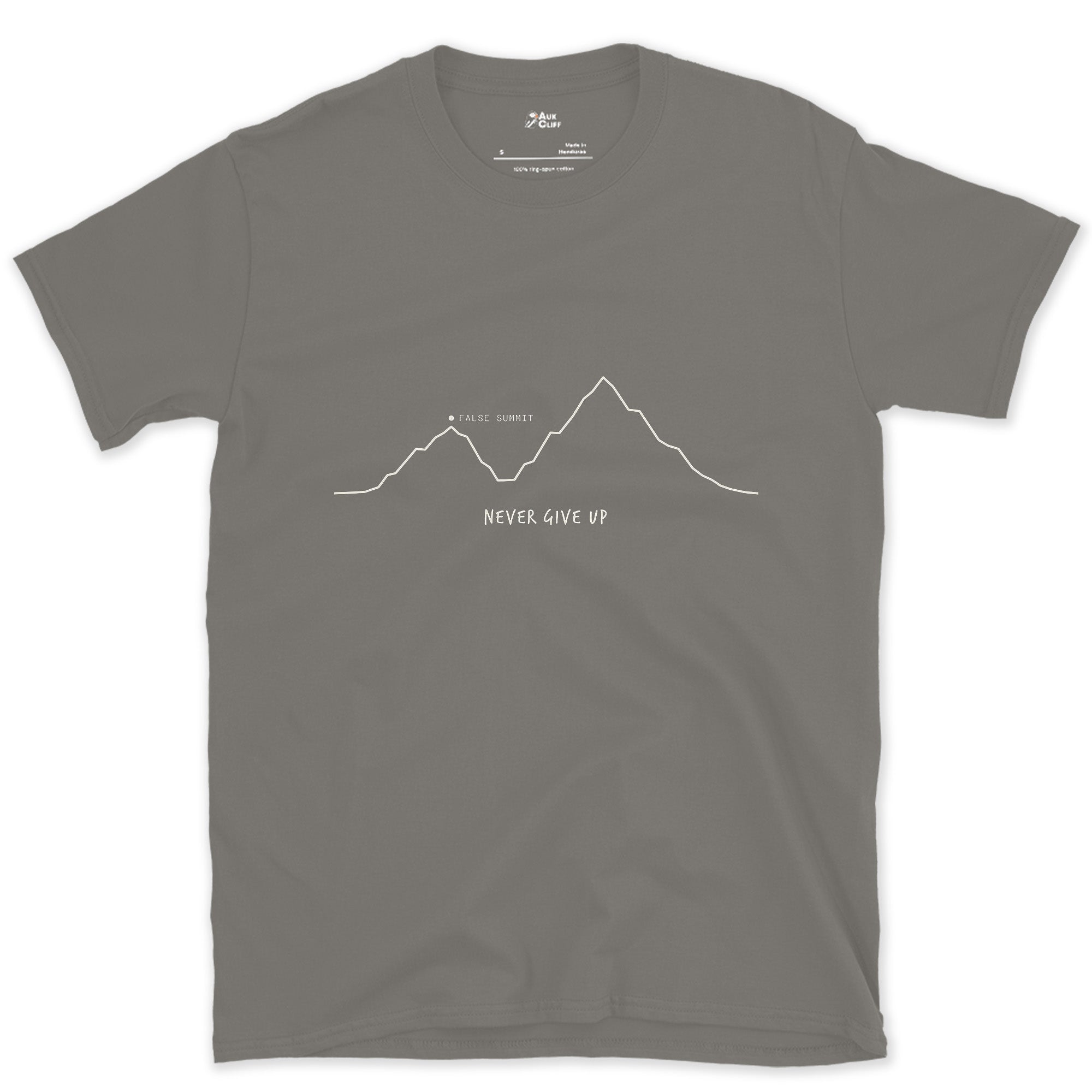 Never Give Up, False Summit design on a Charcoal Gildan Softstyle t-shirt