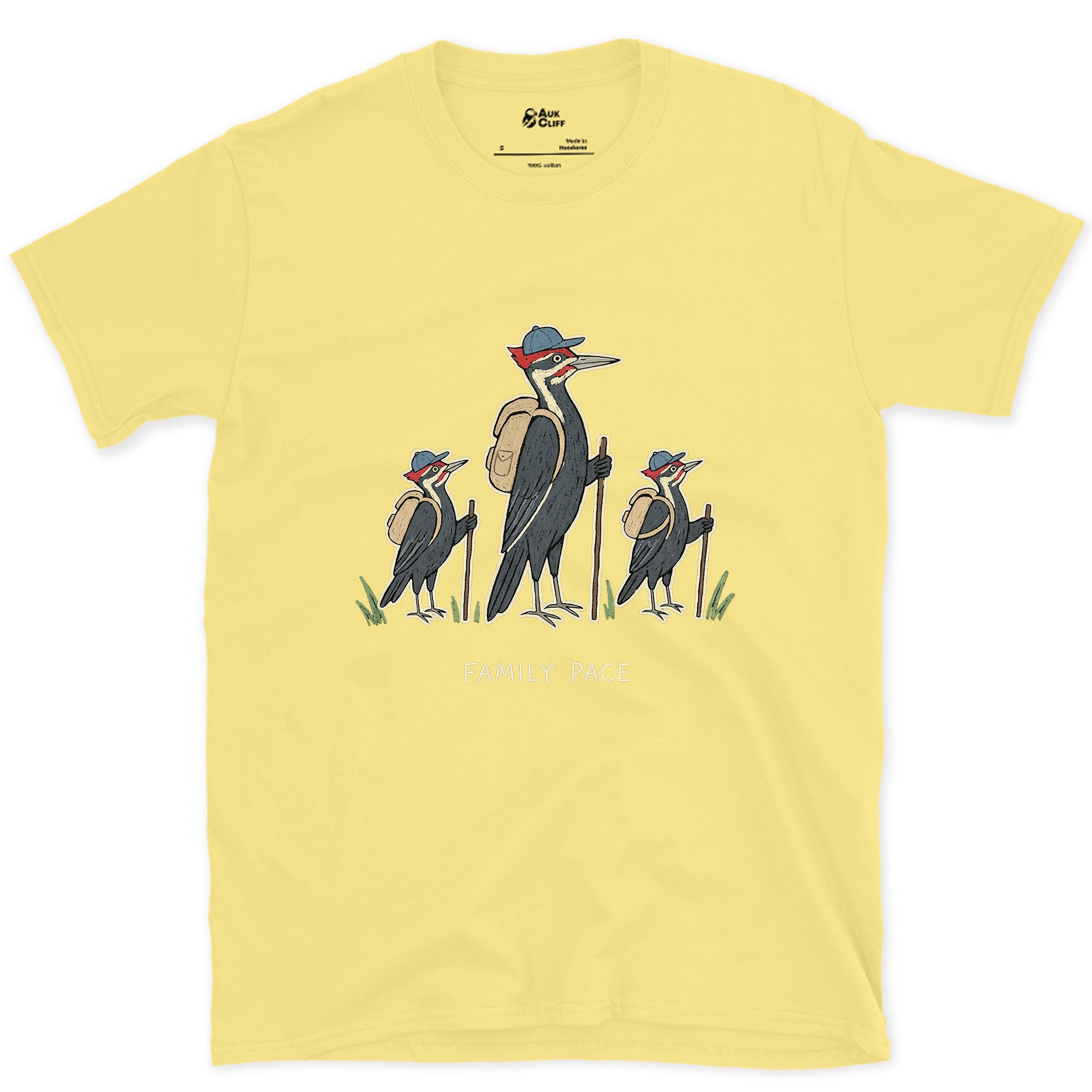 Woodpeckers Slowing to a Family Pace design on a Cornsilk Gildan Softstyle t-shirt