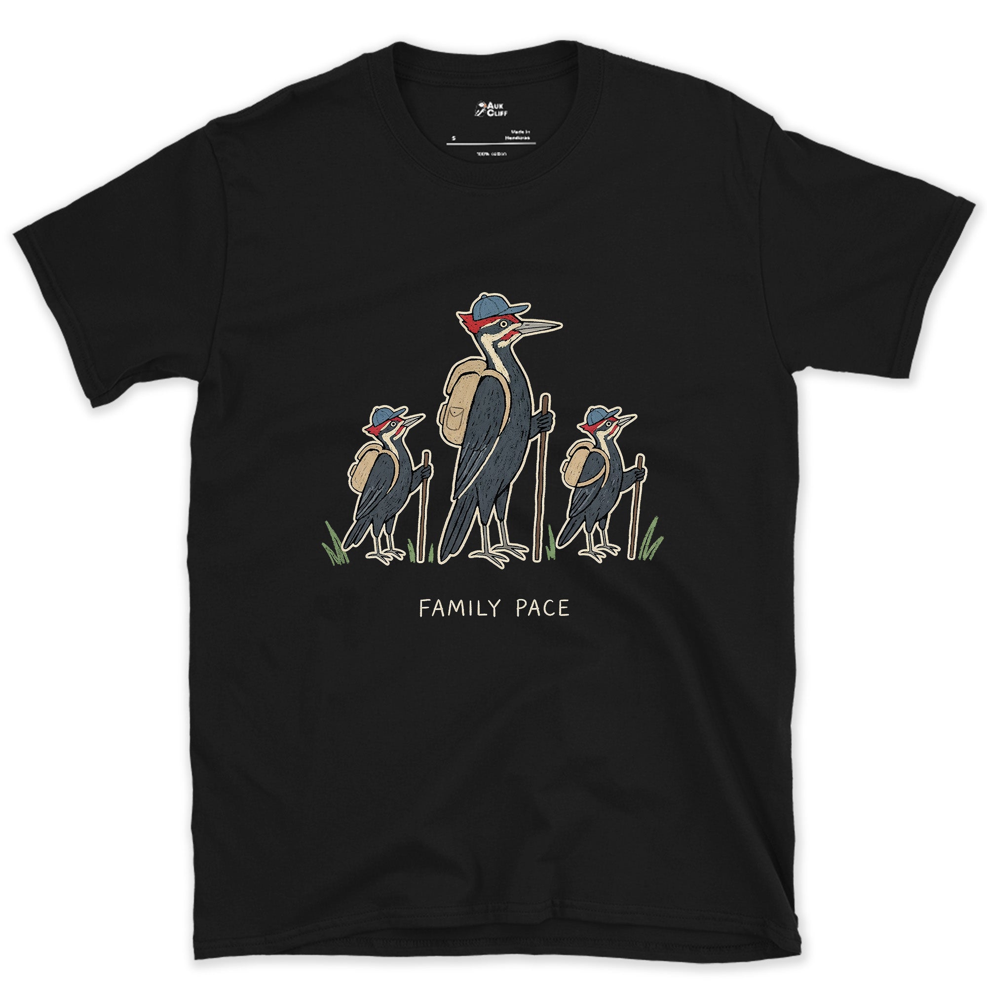 Woodpeckers Slowing to a Family Pace design on a Black Gildan Softstyle t-shirt