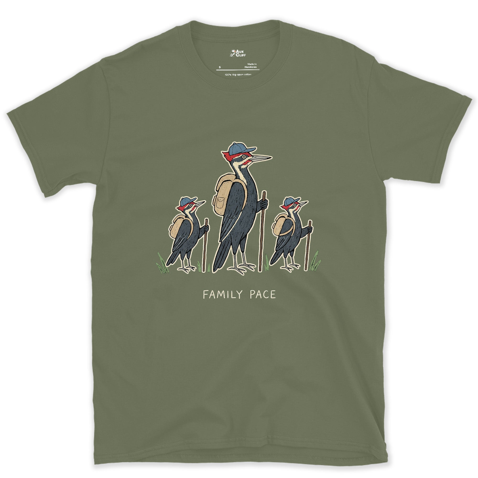 Woodpeckers Slowing to a Family Pace design on a Military Green Gildan Softstyle t-shirt