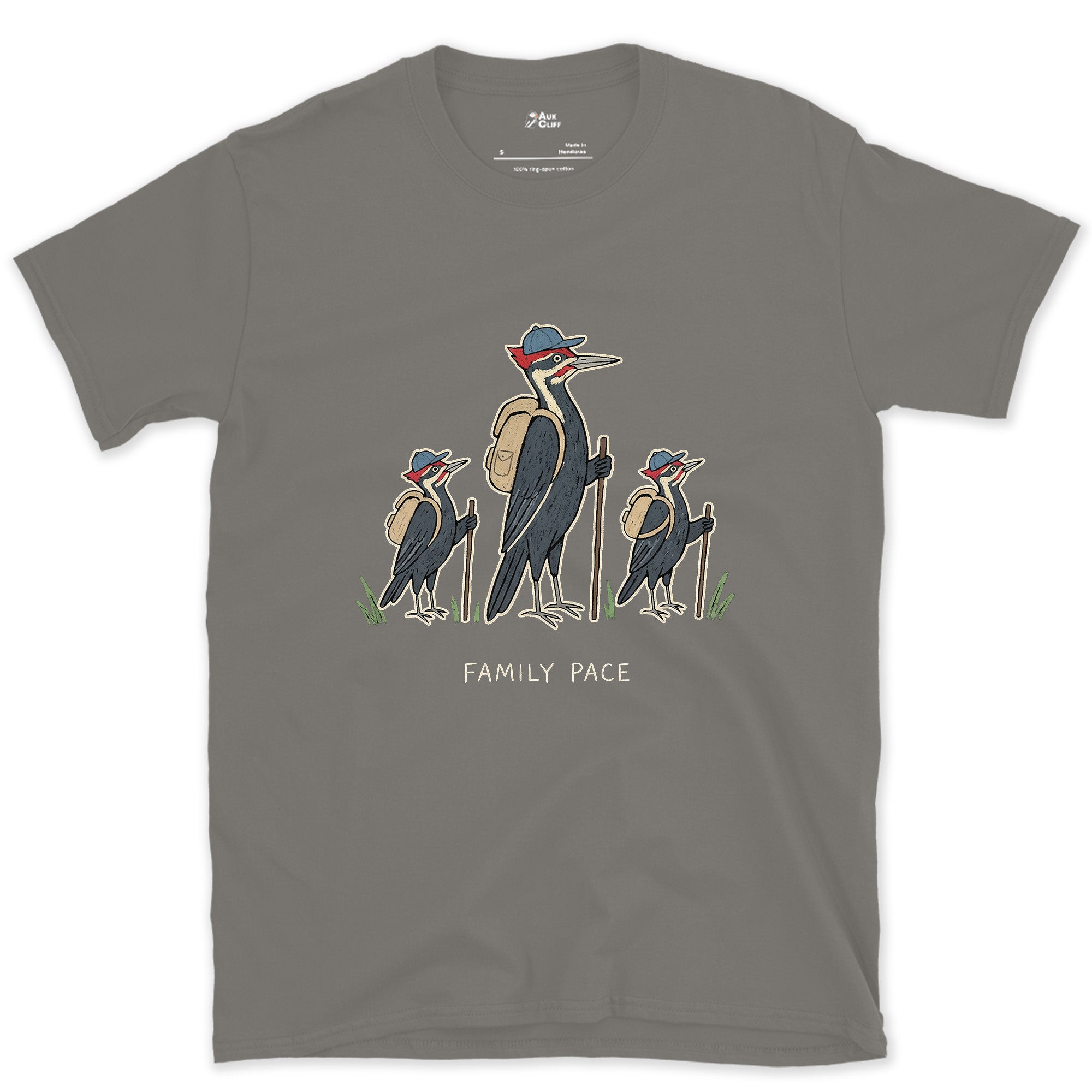 Woodpeckers Slowing to a Family Pace design on a Charcoal Gildan Softstyle t-shirt