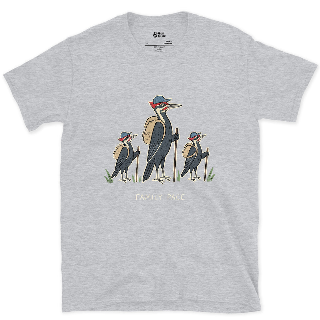 Woodpeckers Slowing to a Family Pace design on a Sport Grey Gildan Softstyle t-shirt