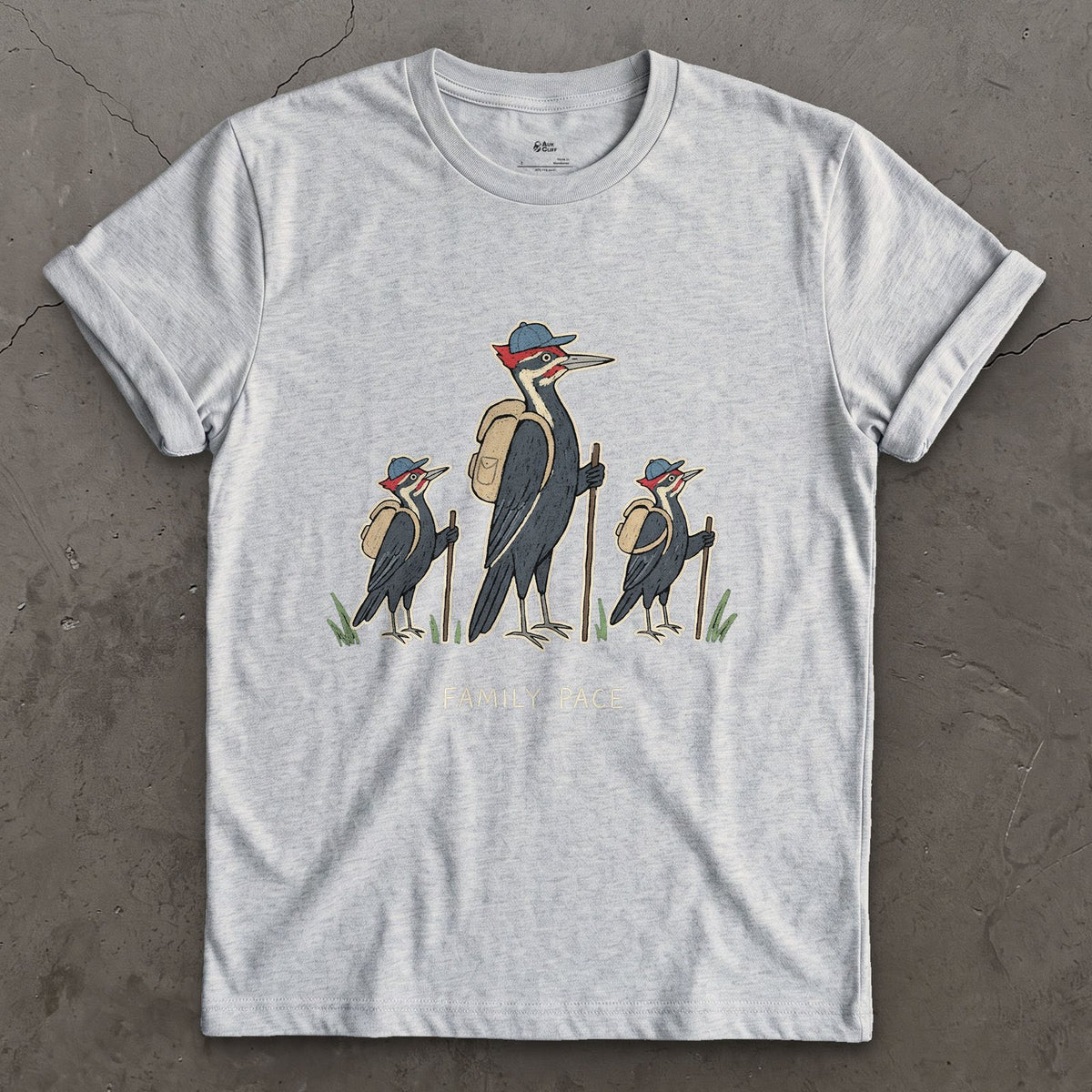 Woodpeckers Slowing to a Family Pace design on a Sport Grey Gildan Softstyle t-shirt