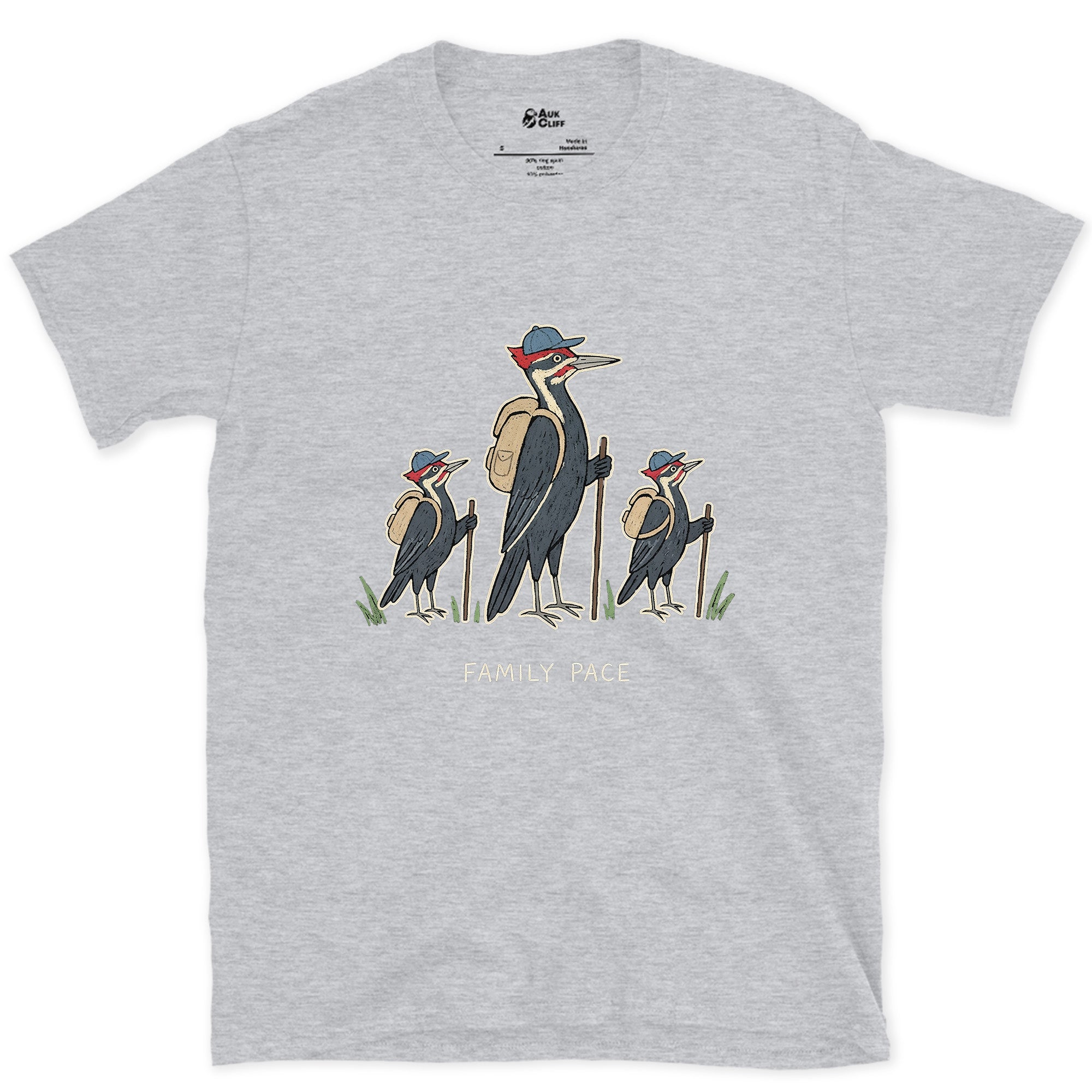 Woodpeckers Slowing to a Family Pace design on a Sport Grey Gildan Softstyle t-shirt