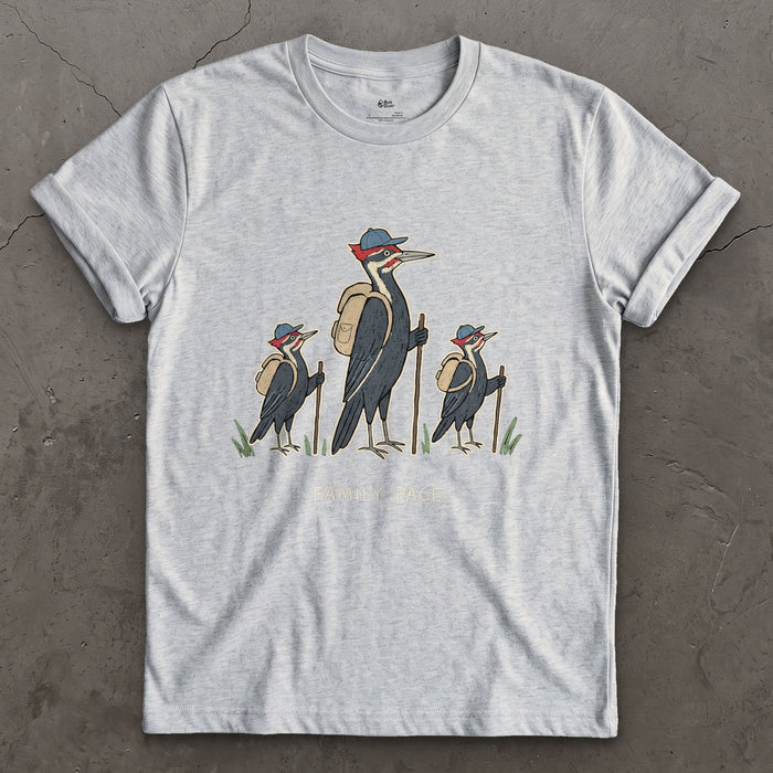 Woodpeckers Slowing to a Family Pace design on a Sport Grey Gildan Softstyle t-shirt