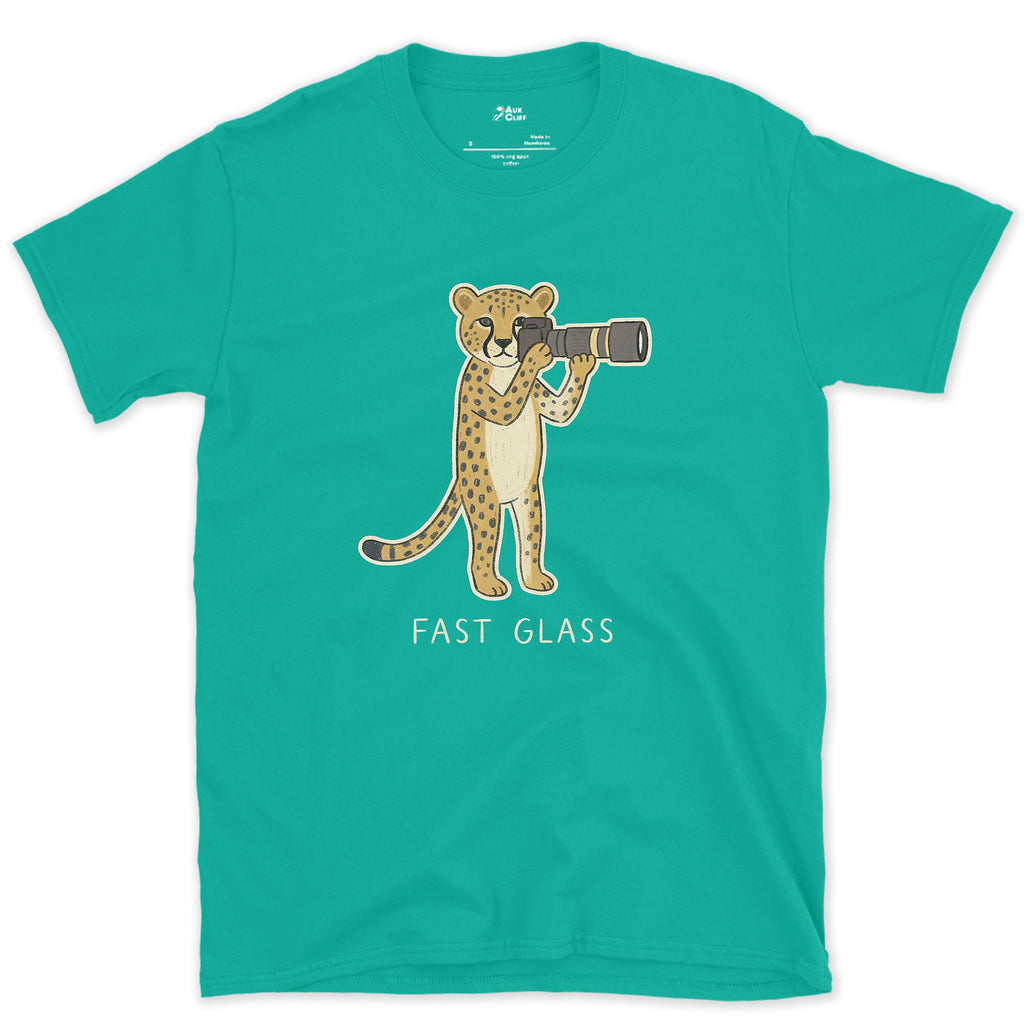 Fast Glass, Cheetah Gets the Fastest Lens design on a Jade Dome Gildan Softstyle t-shirt