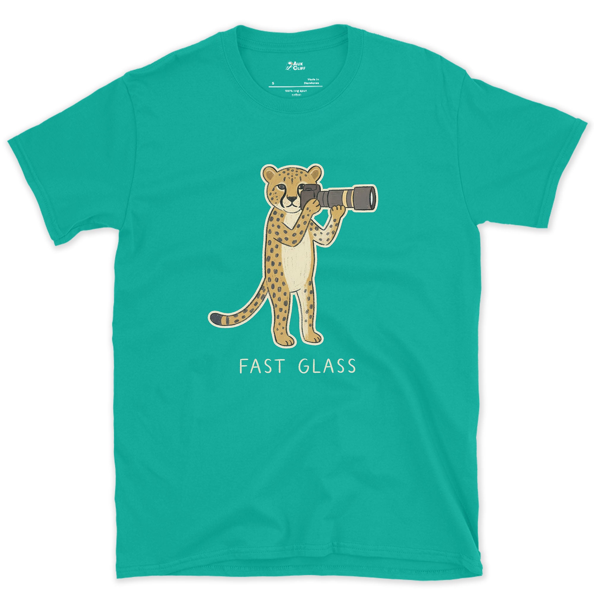 Fast Glass, Cheetah Gets the Fastest Lens design on a Jade Dome Gildan Softstyle t-shirt
