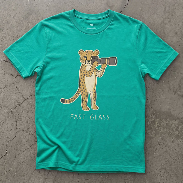 Fast Glass, Cheetah Gets the Fastest Lens design on a Jade Dome Gildan Softstyle t-shirt