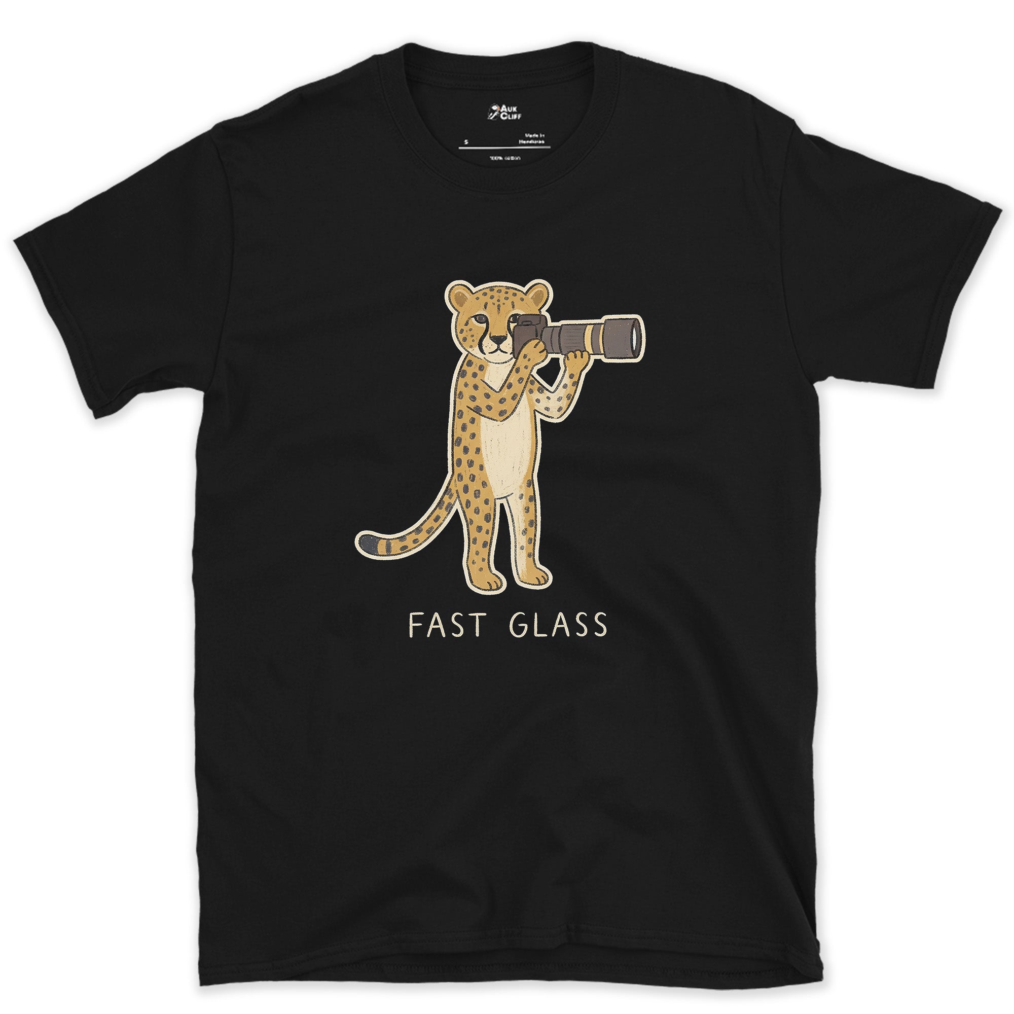 Fast Glass, Cheetah Gets the Fastest Lens design on a Black Gildan Softstyle t-shirt