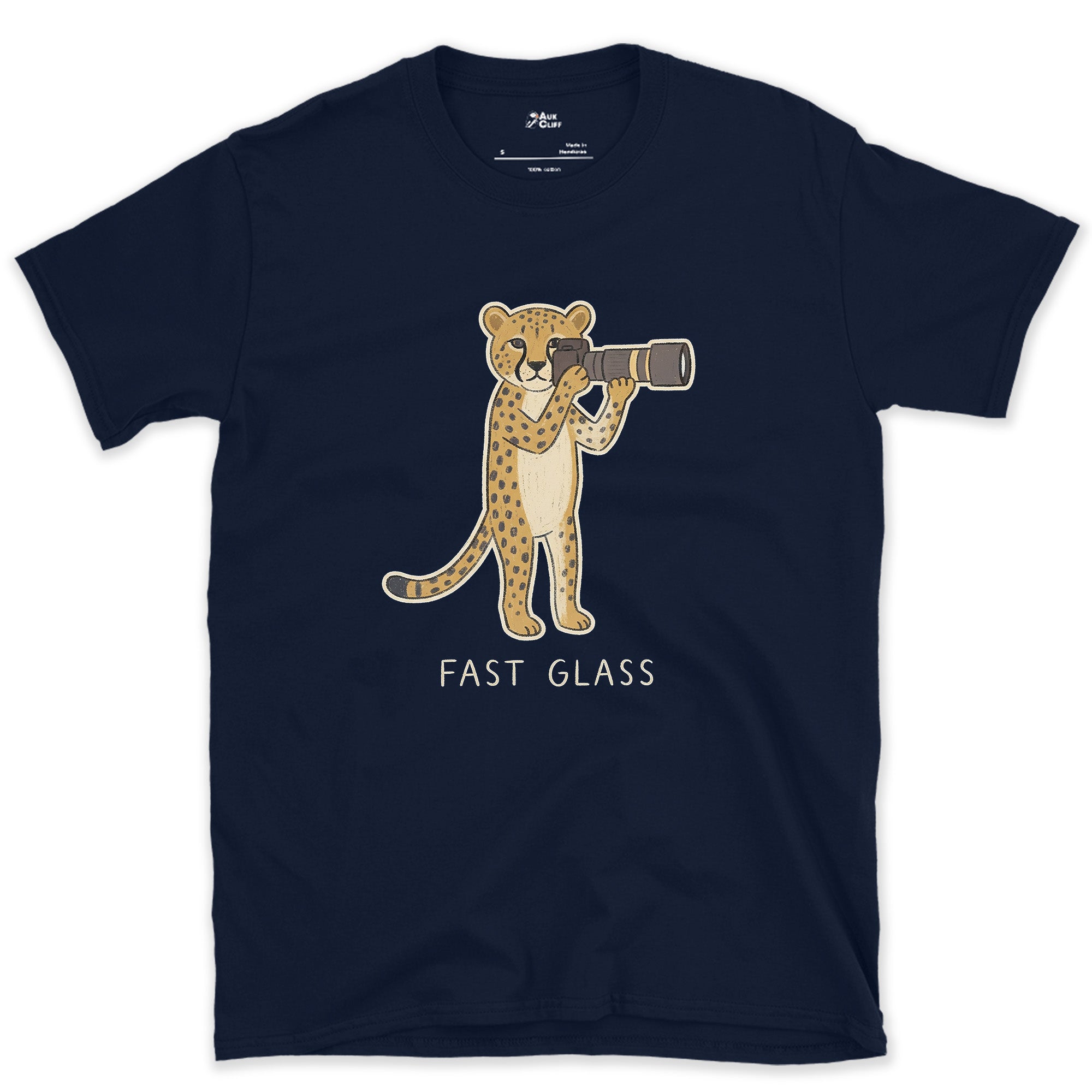 Fast Glass, Cheetah Gets the Fastest Lens design on a Navy Gildan Softstyle t-shirt