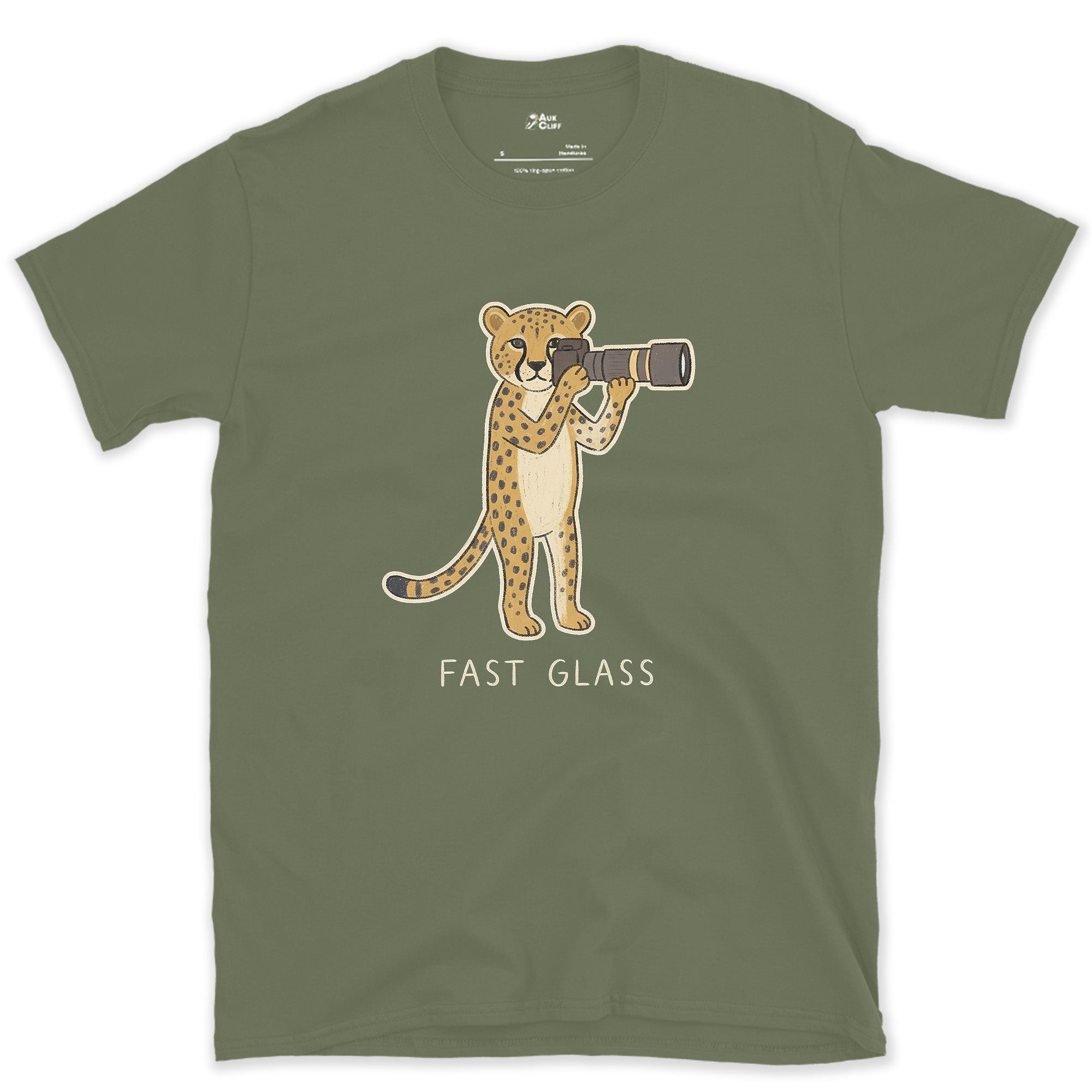 Fast Glass, Cheetah Gets the Fastest Lens design on a Military Green Gildan Softstyle t-shirt