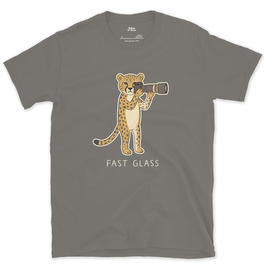 Fast Glass, Cheetah Gets the Fastest Lens design on a Charcoal Gildan Softstyle t-shirt