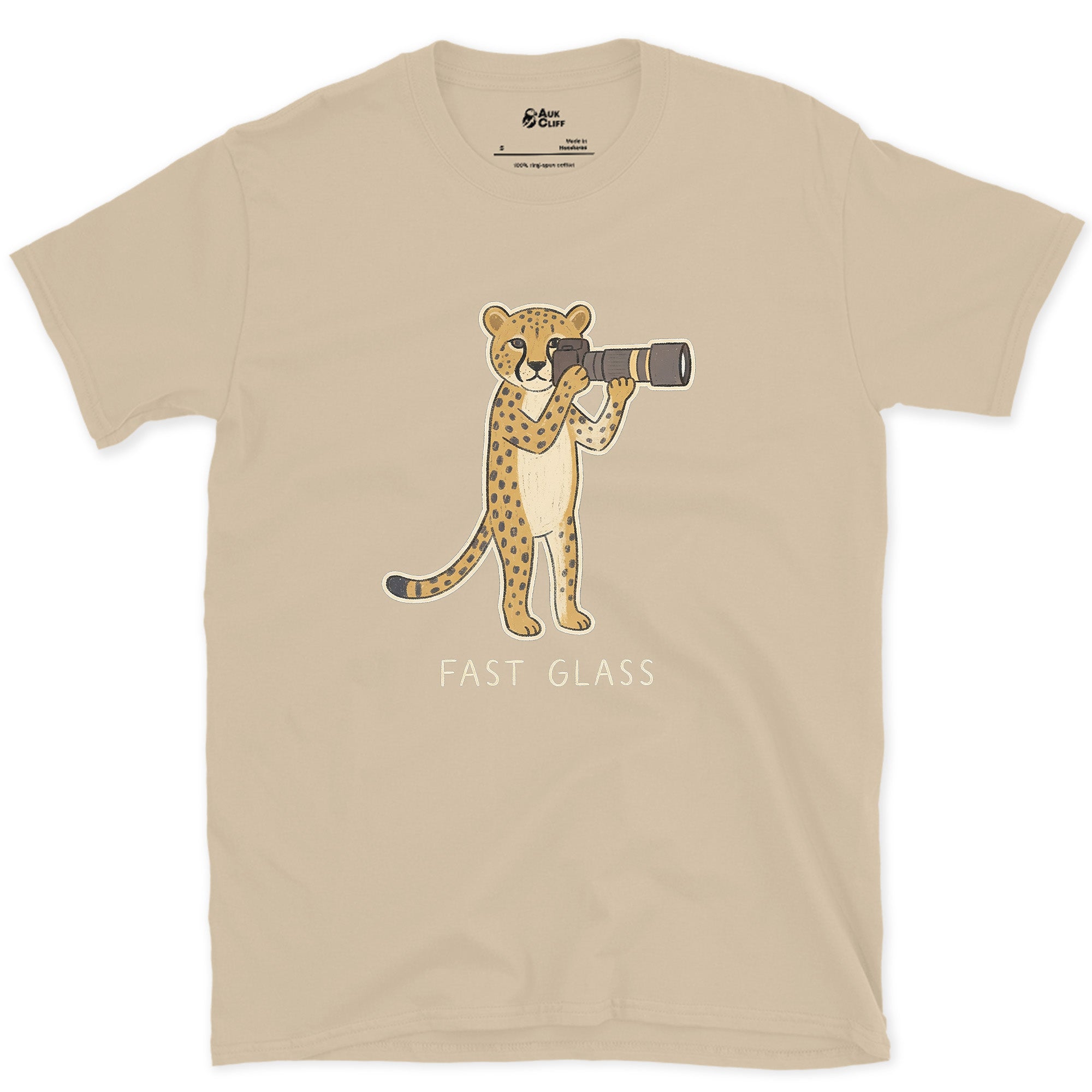 Fast Glass, Cheetah Gets the Fastest Lens design on a Sand Gildan Softstyle t-shirt