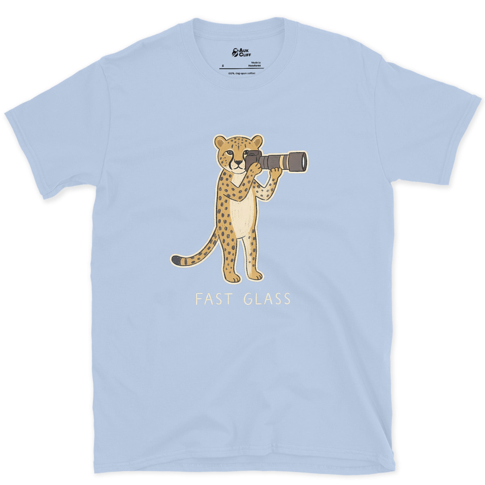 Fast Glass, Cheetah Gets the Fastest Lens design on a Light Blue Gildan Softstyle t-shirt