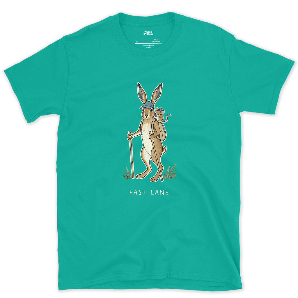 Fast Lane, Hare and Mouse design on a Jade Dome Gildan Softstyle t-shirt