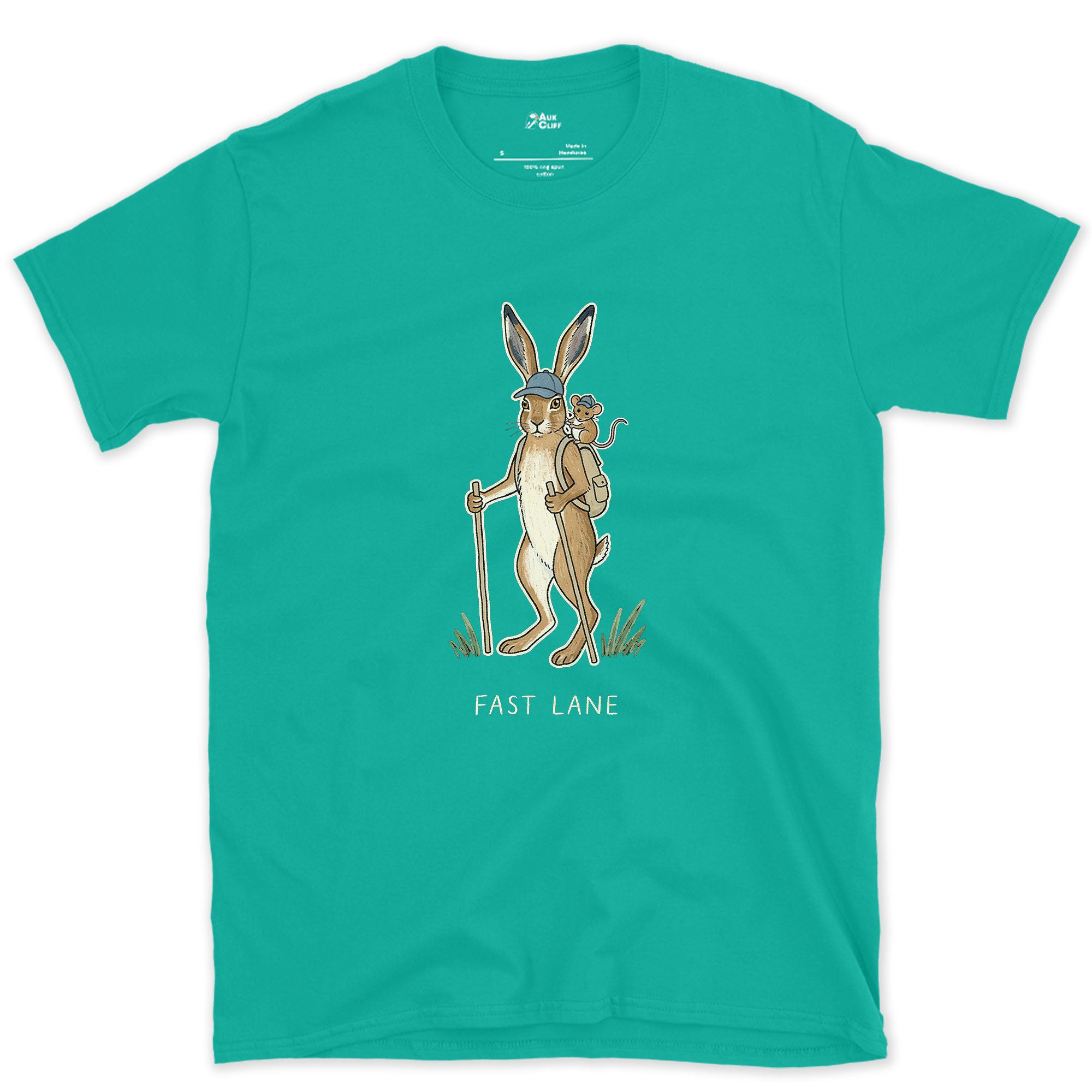 Fast Lane, Hare and Mouse design on a Jade Dome Gildan Softstyle t-shirt