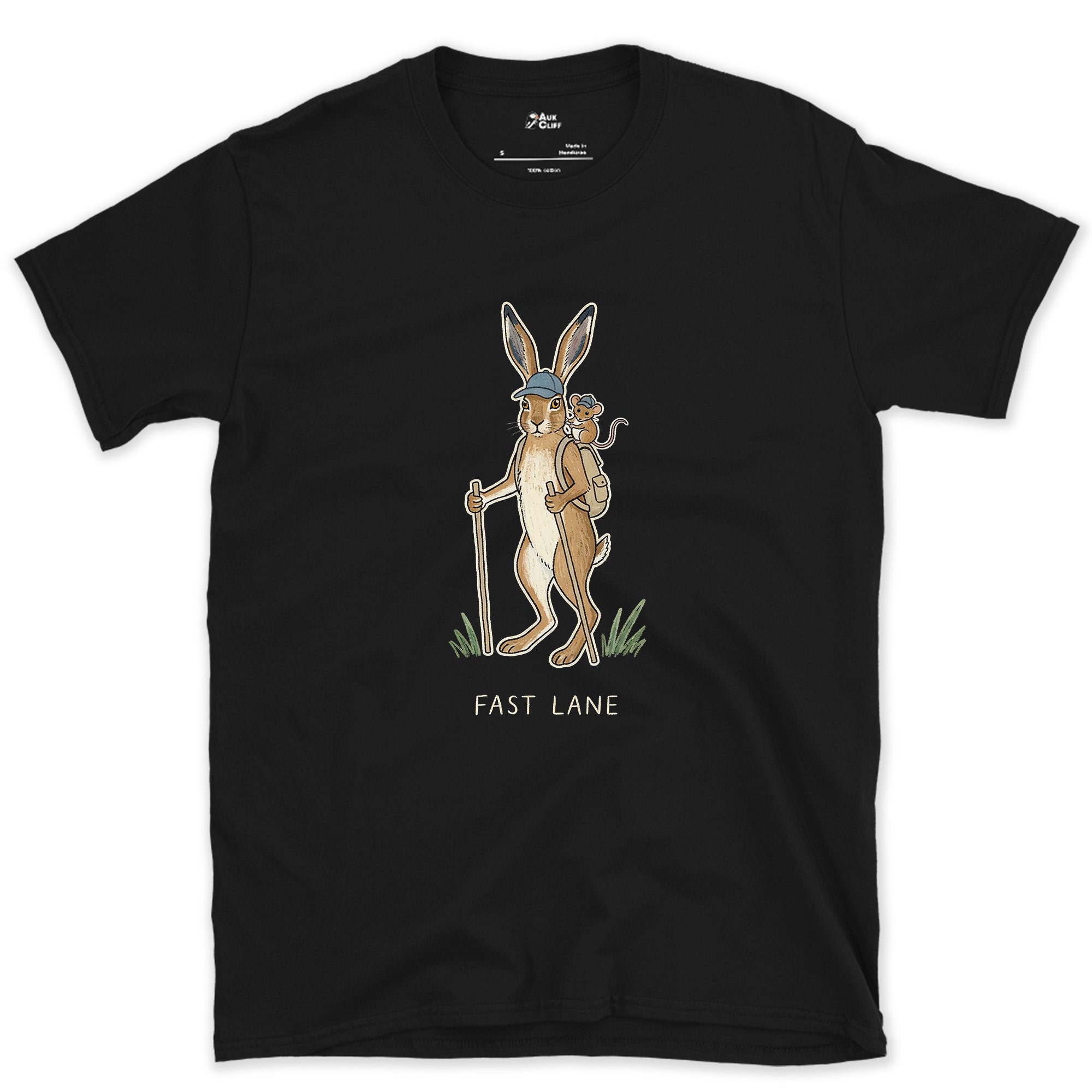 Fast Lane, Hare and Mouse design on a Black Gildan Softstyle t-shirt