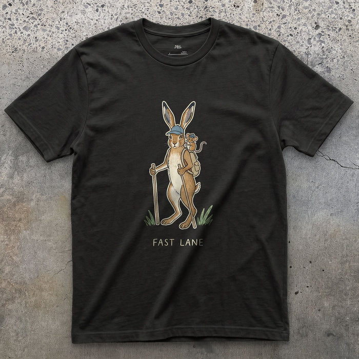 Fast Lane, Hare and Mouse design on a Black Gildan Softstyle t-shirt