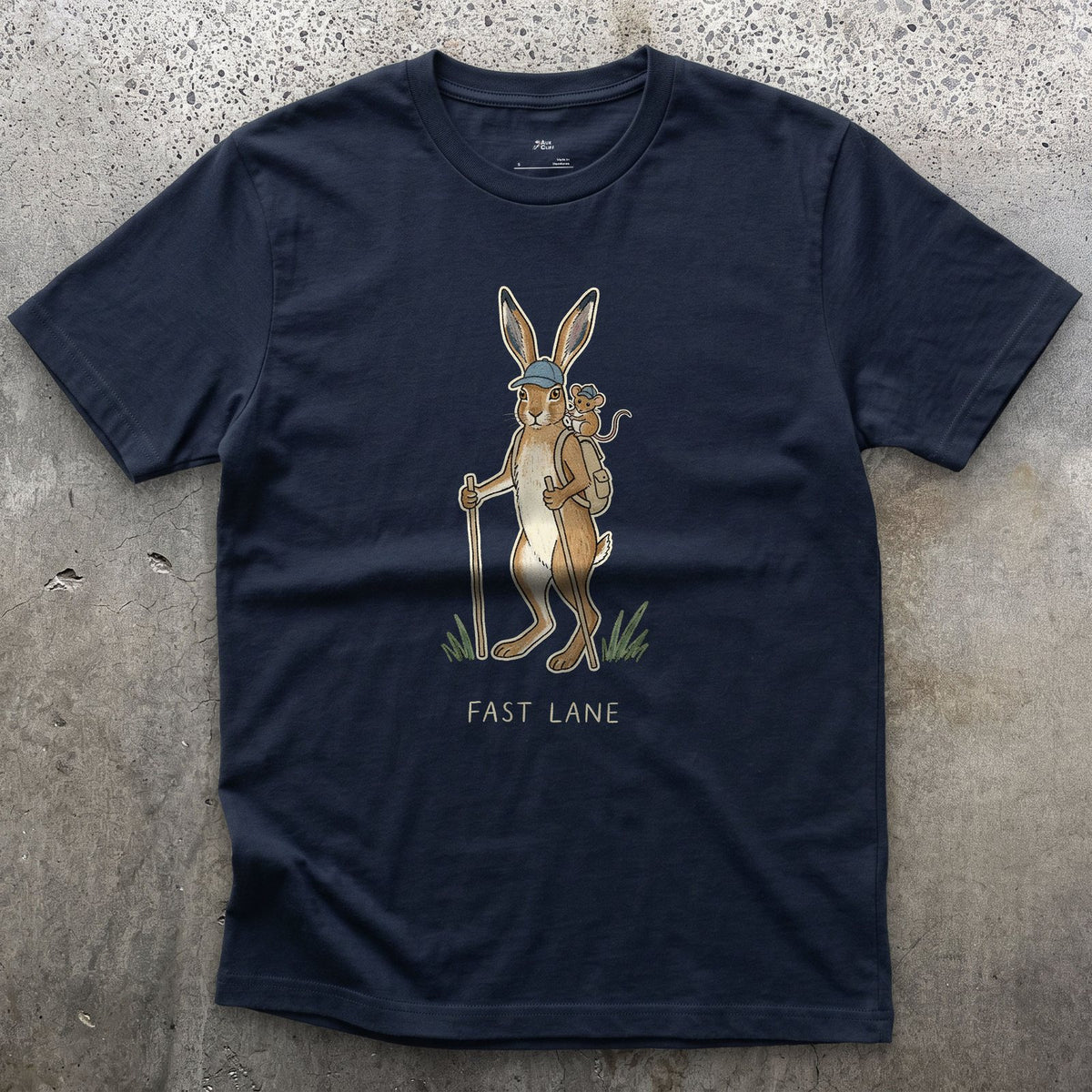 Fast Lane, Hare and Mouse design on a Navy Gildan Softstyle t-shirt
