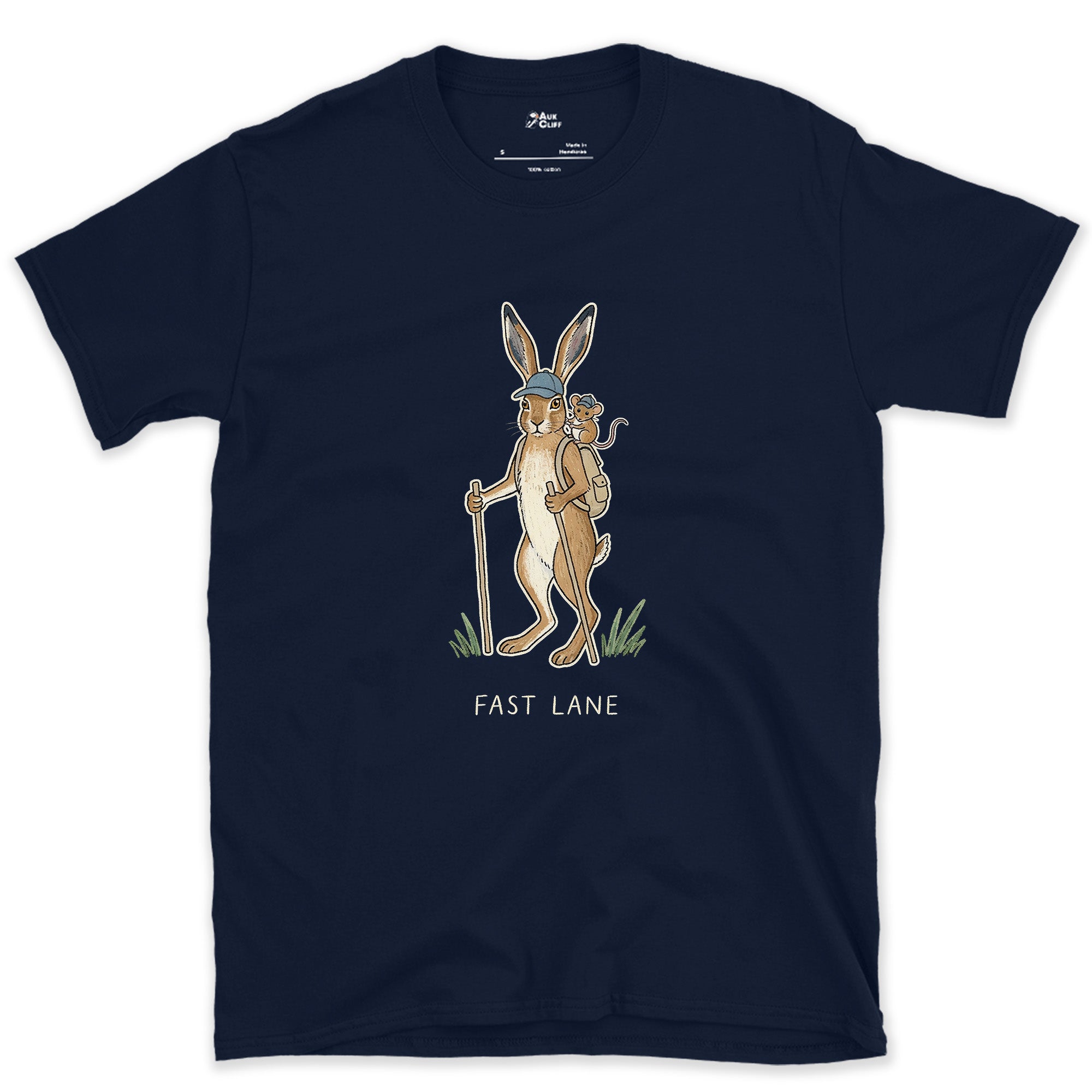 Fast Lane, Hare and Mouse design on a Navy Gildan Softstyle t-shirt
