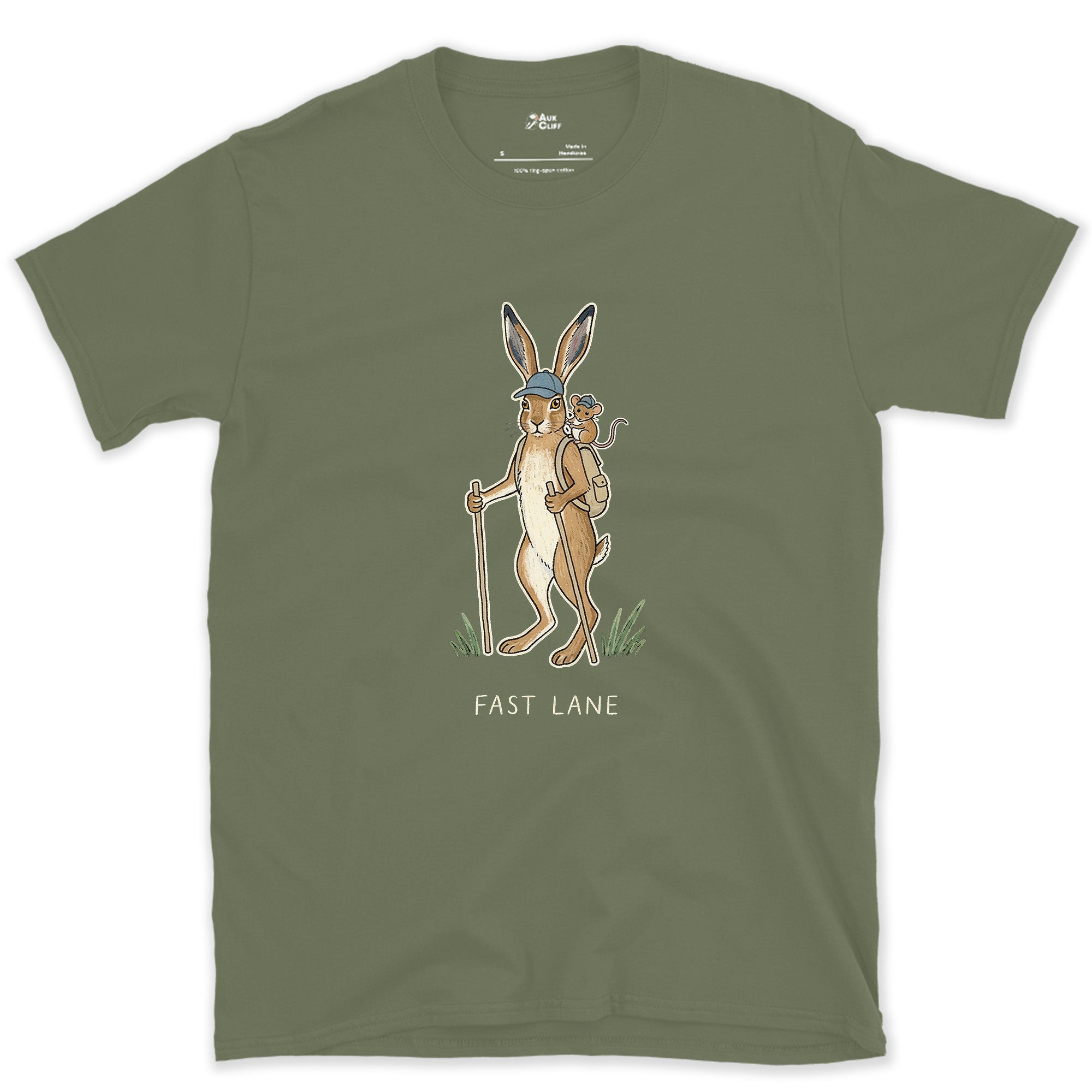Fast Lane, Hare and Mouse design on a Military Green Gildan Softstyle t-shirt