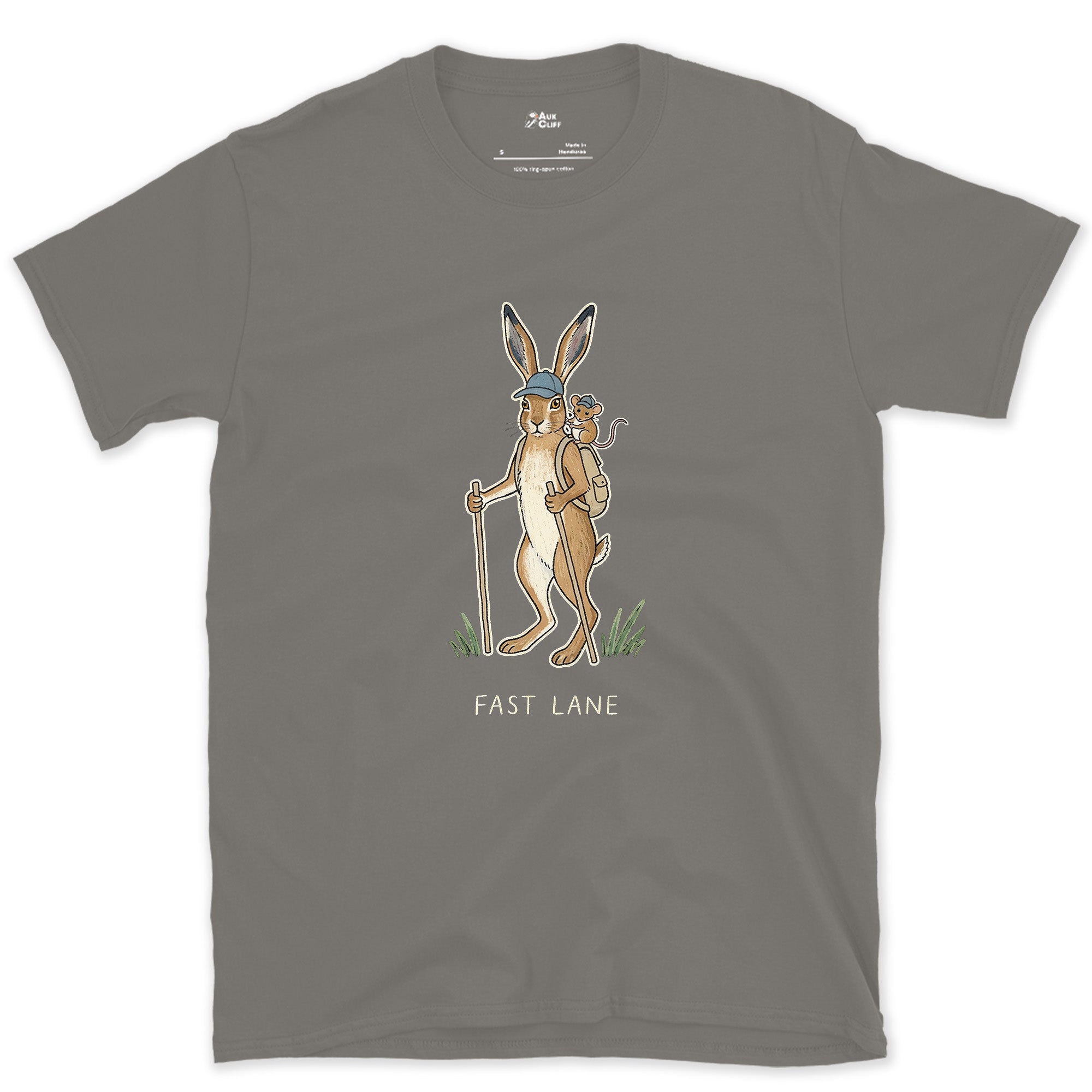 Fast Lane, Hare and Mouse design on a Charcoal Gildan Softstyle t-shirt