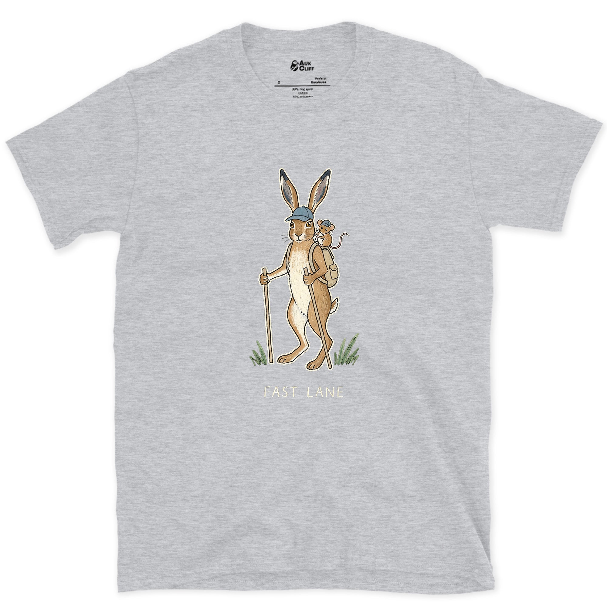 Fast Lane, Hare and Mouse design on a Sport Grey Gildan Softstyle t-shirt