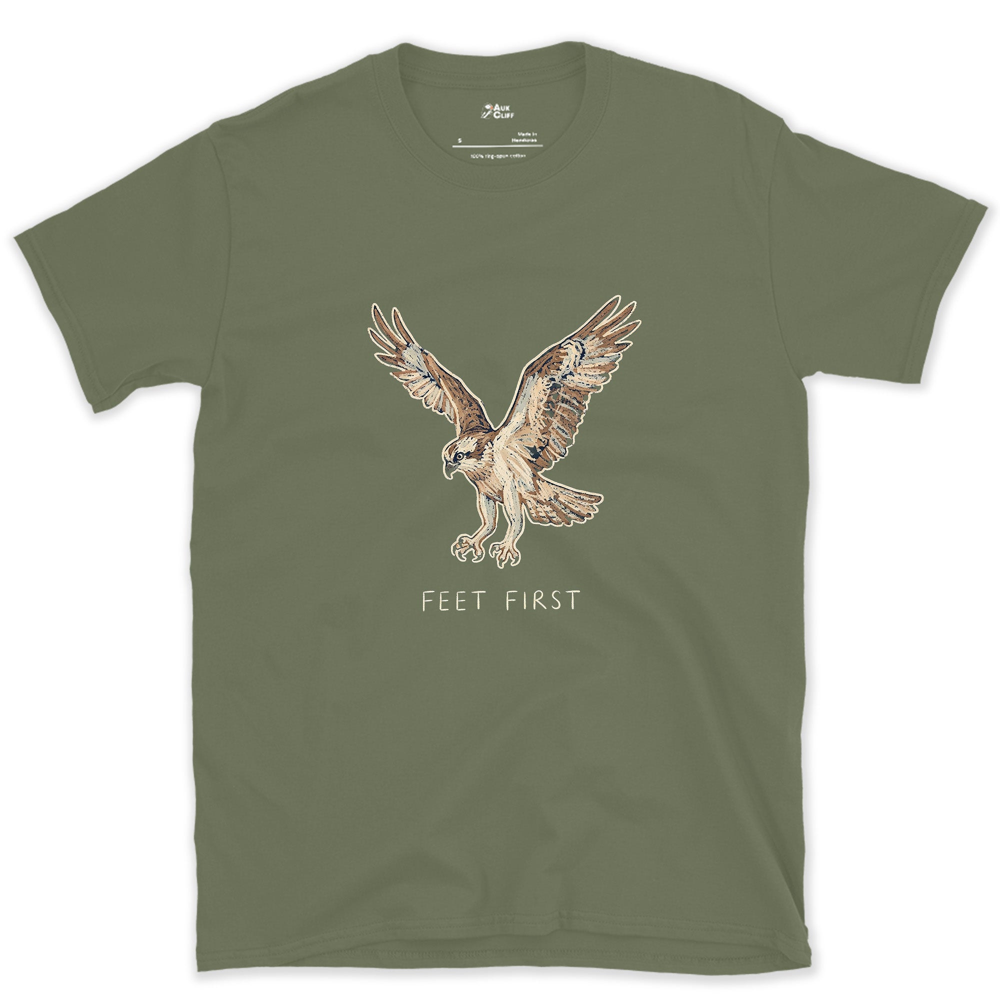 No Hesitation, Osprey Stooping design on a Military Green Gildan Softstyle t-shirt