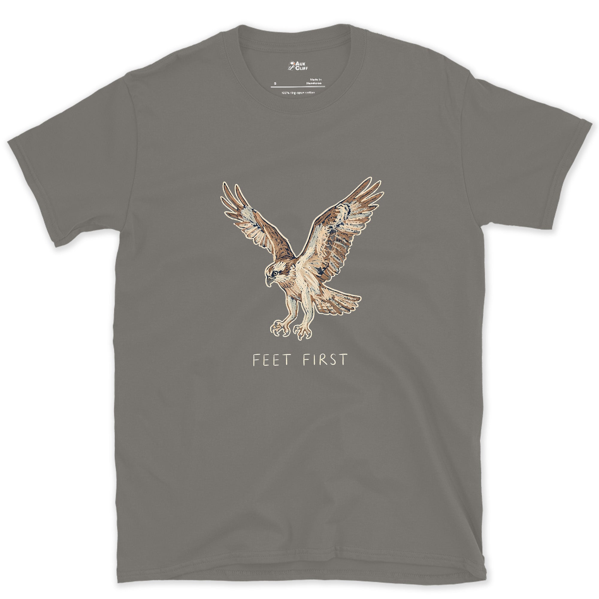 No Hesitation, Osprey Stooping design on a Charcoal Gildan Softstyle t-shirt