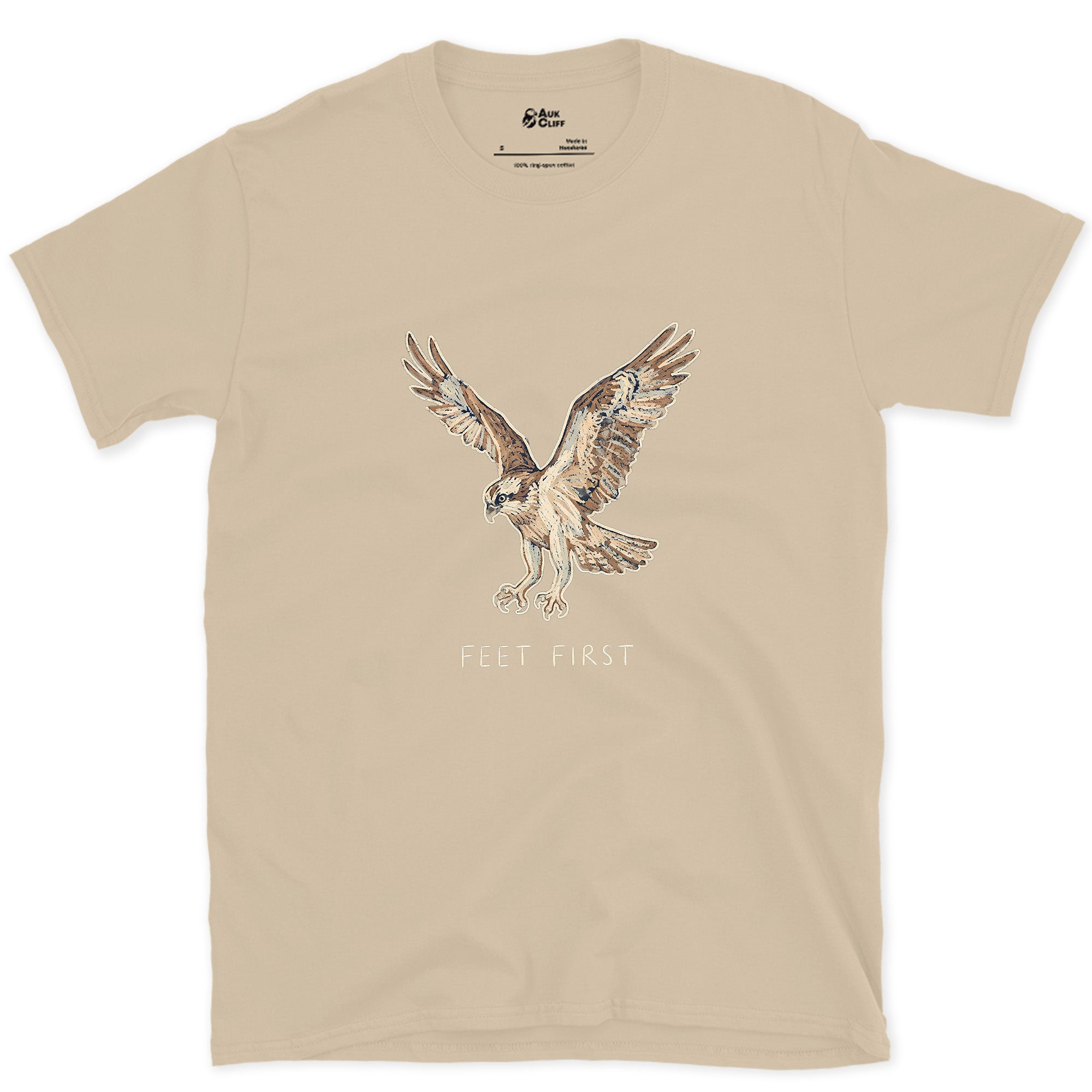 No Hesitation, Osprey Stooping design on a Sand Gildan Softstyle t-shirt