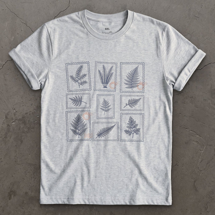 Eight Fern Fronds Told Apart by Shape design on a Sport Grey Gildan Softstyle t-shirt
