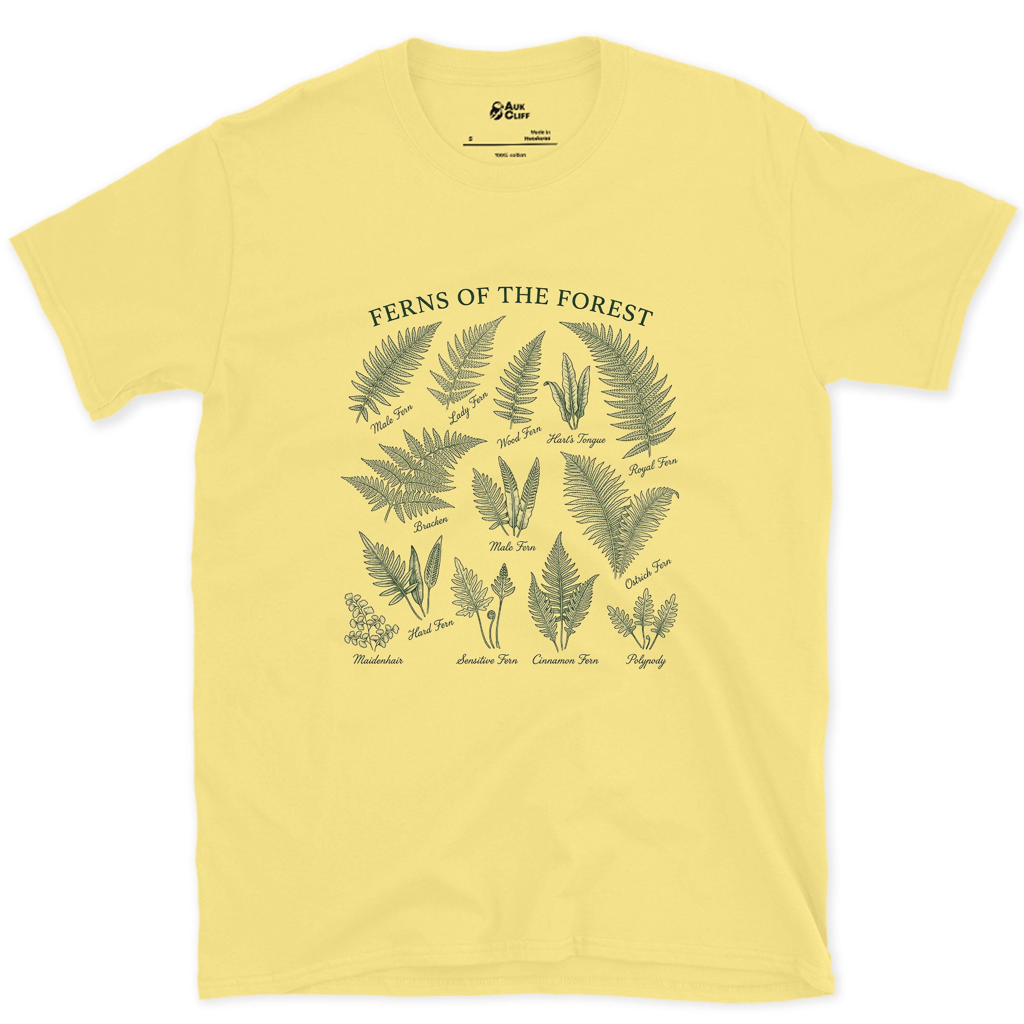 All Eight Ferns of the Forest design on a Cornsilk Gildan Softstyle t-shirt