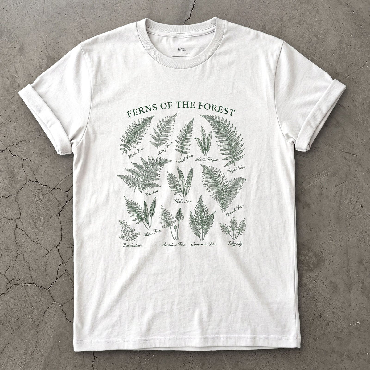 All Eight Ferns of the Forest design on a White Gildan Softstyle t-shirt