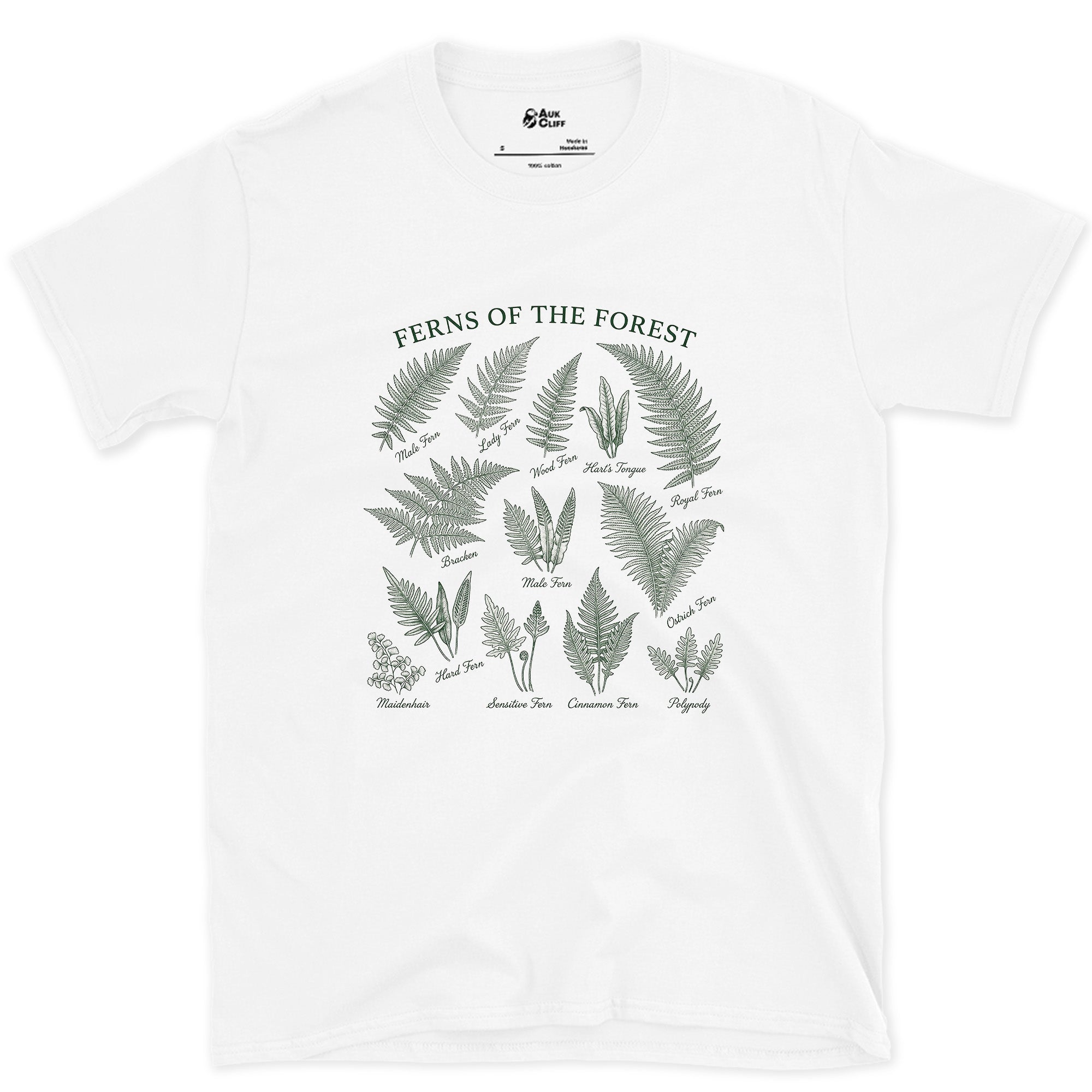 All Eight Ferns of the Forest design on a White Gildan Softstyle t-shirt