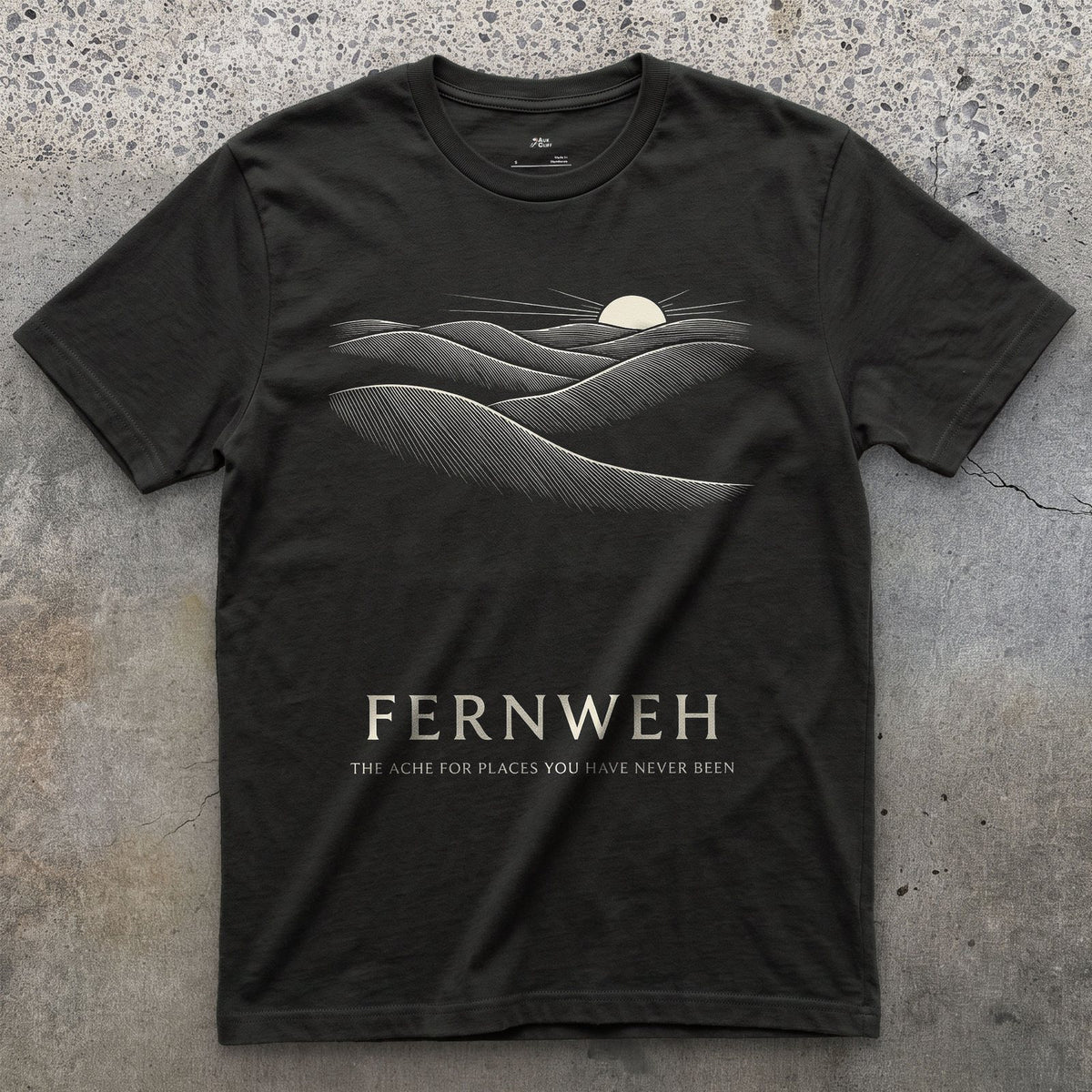 Fernweh, the Ache for Places You Have Never Been design on a Black Gildan Softstyle t-shirt