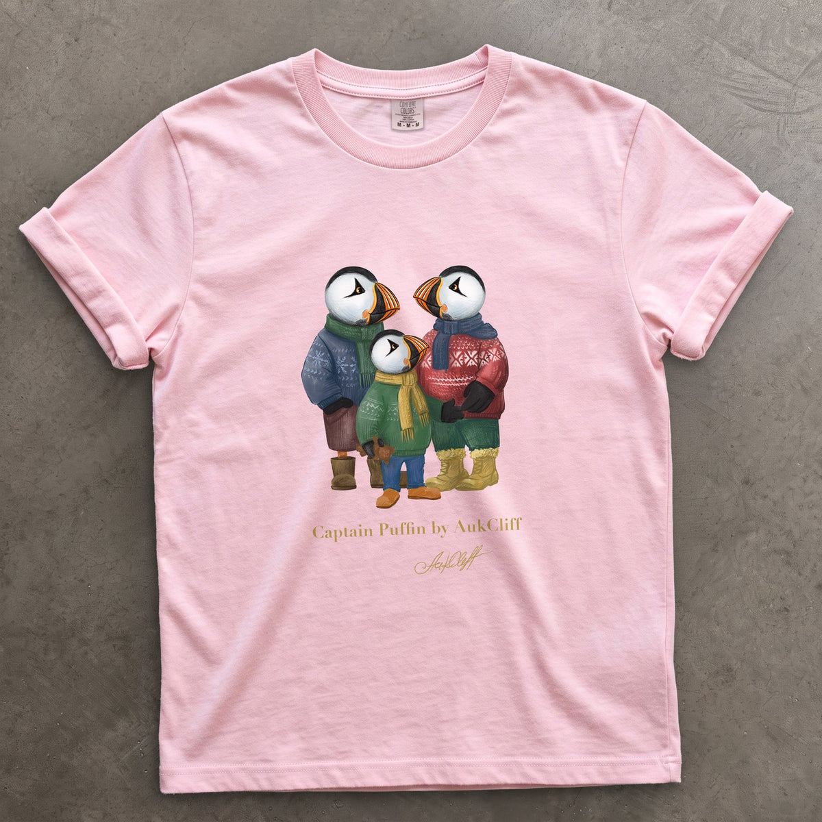 Captain Puffin Festive Family on a Blossom Comfort Colors t-shirt