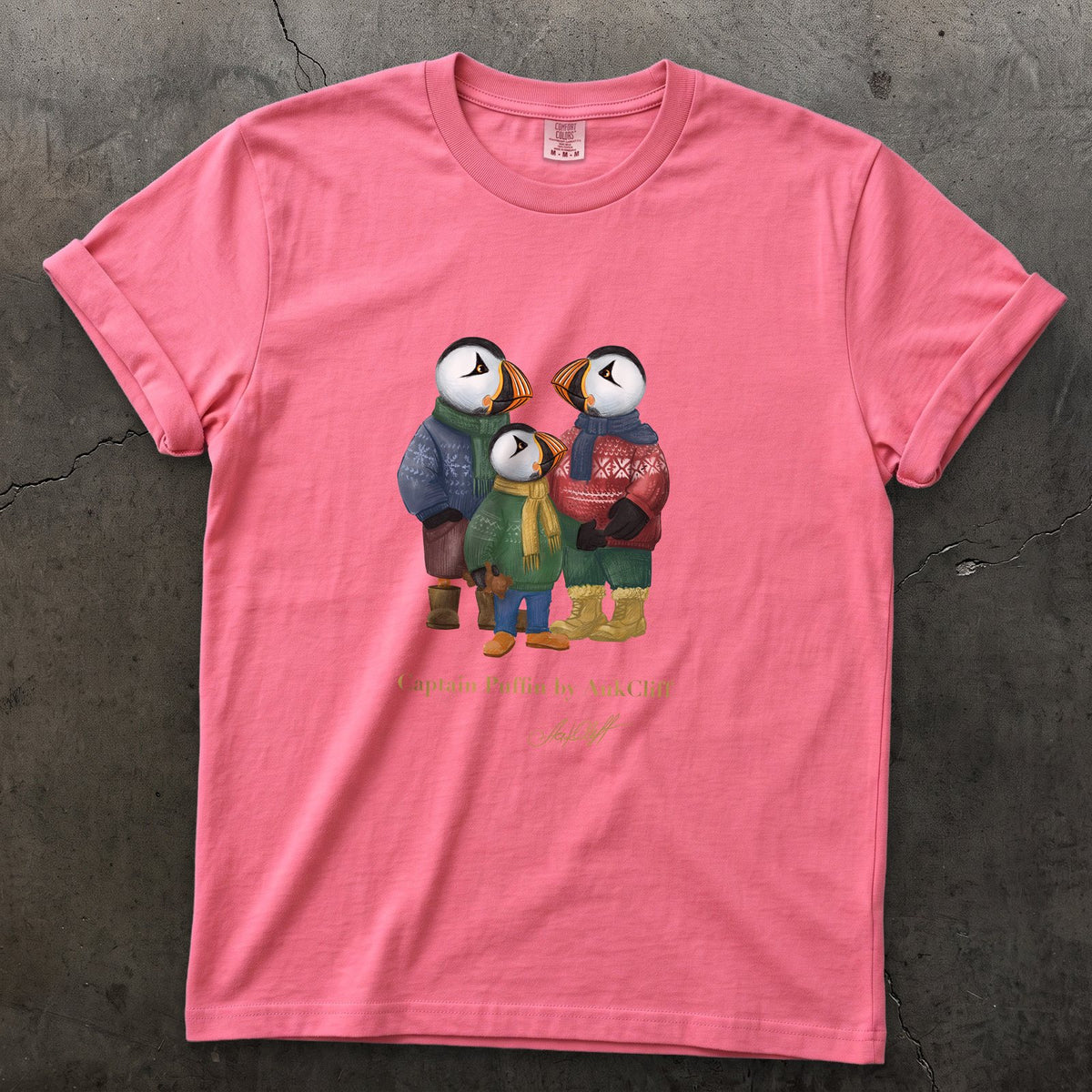 Captain Puffin Festive Family on a Crunchberry Comfort Colors t-shirt