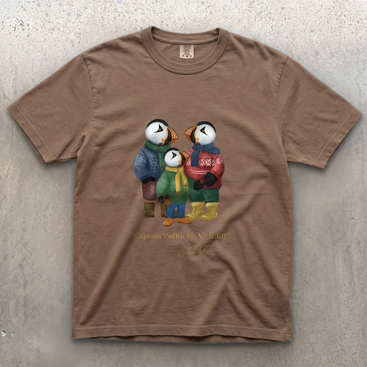 Captain Puffin Festive Family on a Espresso Comfort Colors t-shirt