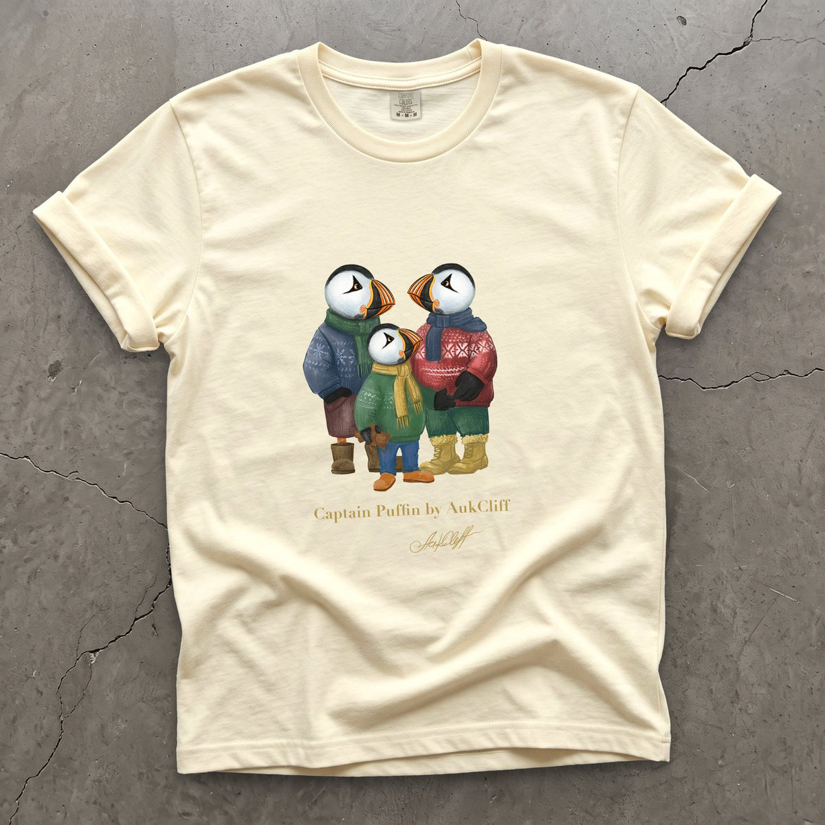 Captain Puffin Festive Family on a Ivory Comfort Colors t-shirt