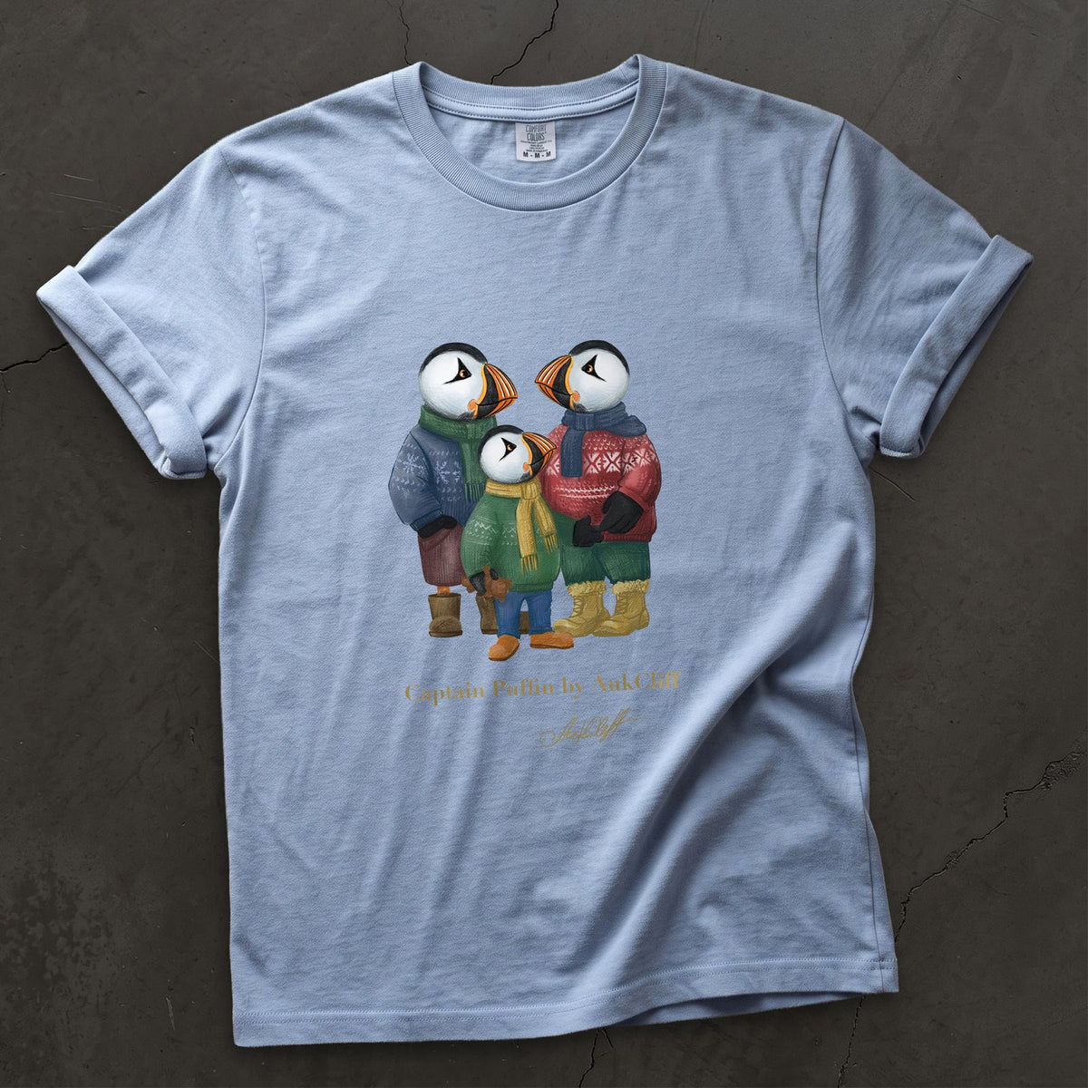 Captain Puffin Festive Family on a Washed Denim Comfort Colors t-shirt