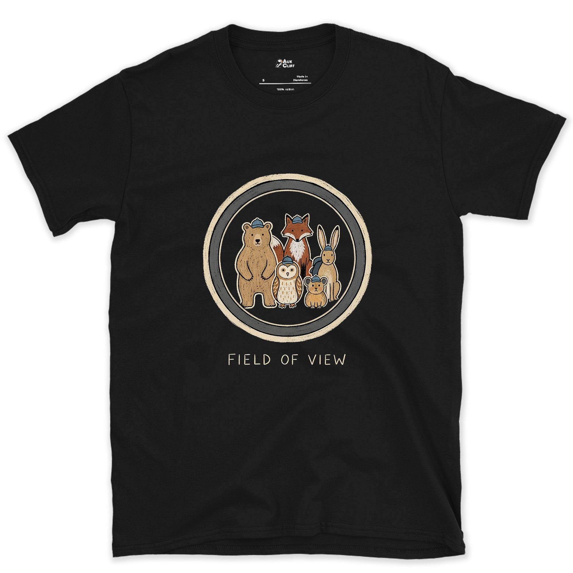 Field of View Held Four Different Animals design on a Black Gildan Softstyle t-shirt