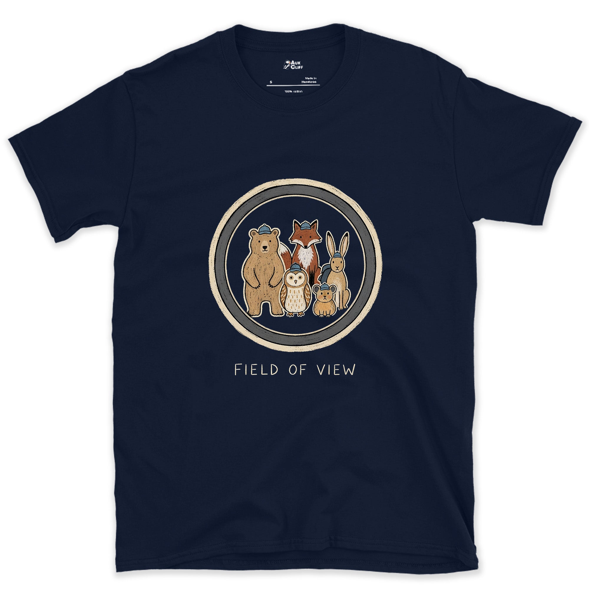 Field of View Held Four Different Animals design on a Navy Gildan Softstyle t-shirt
