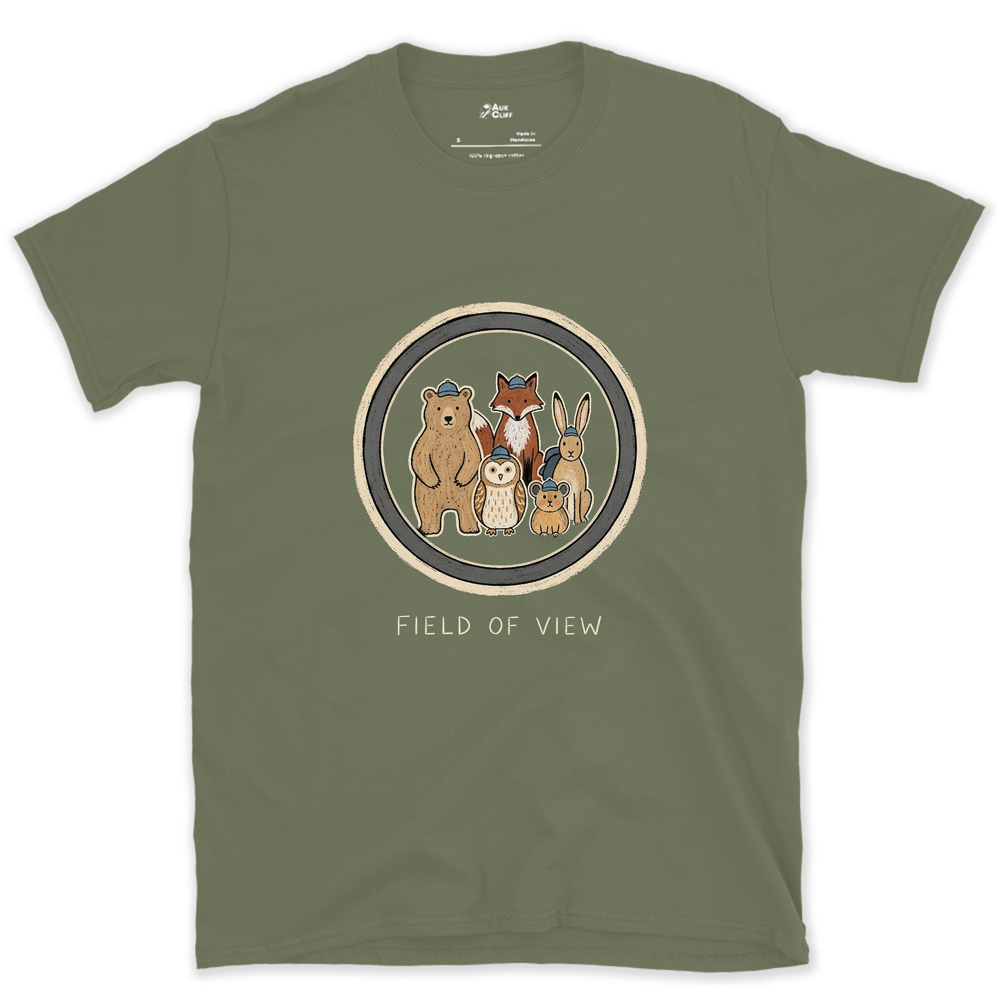 Field of View Held Four Different Animals design on a Military Green Gildan Softstyle t-shirt