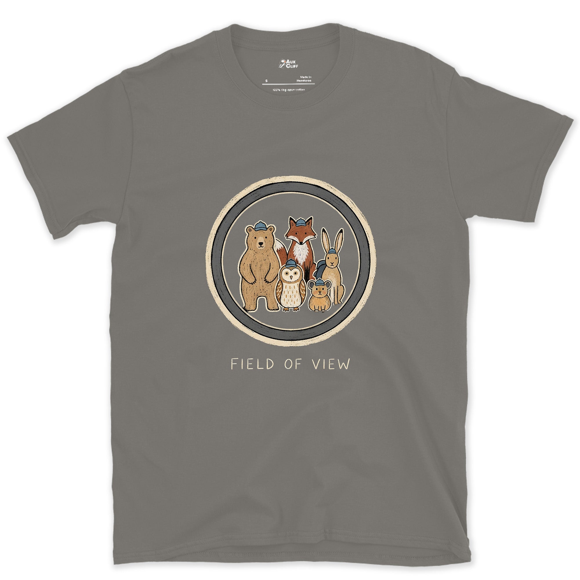 Field of View Held Four Different Animals design on a Charcoal Gildan Softstyle t-shirt