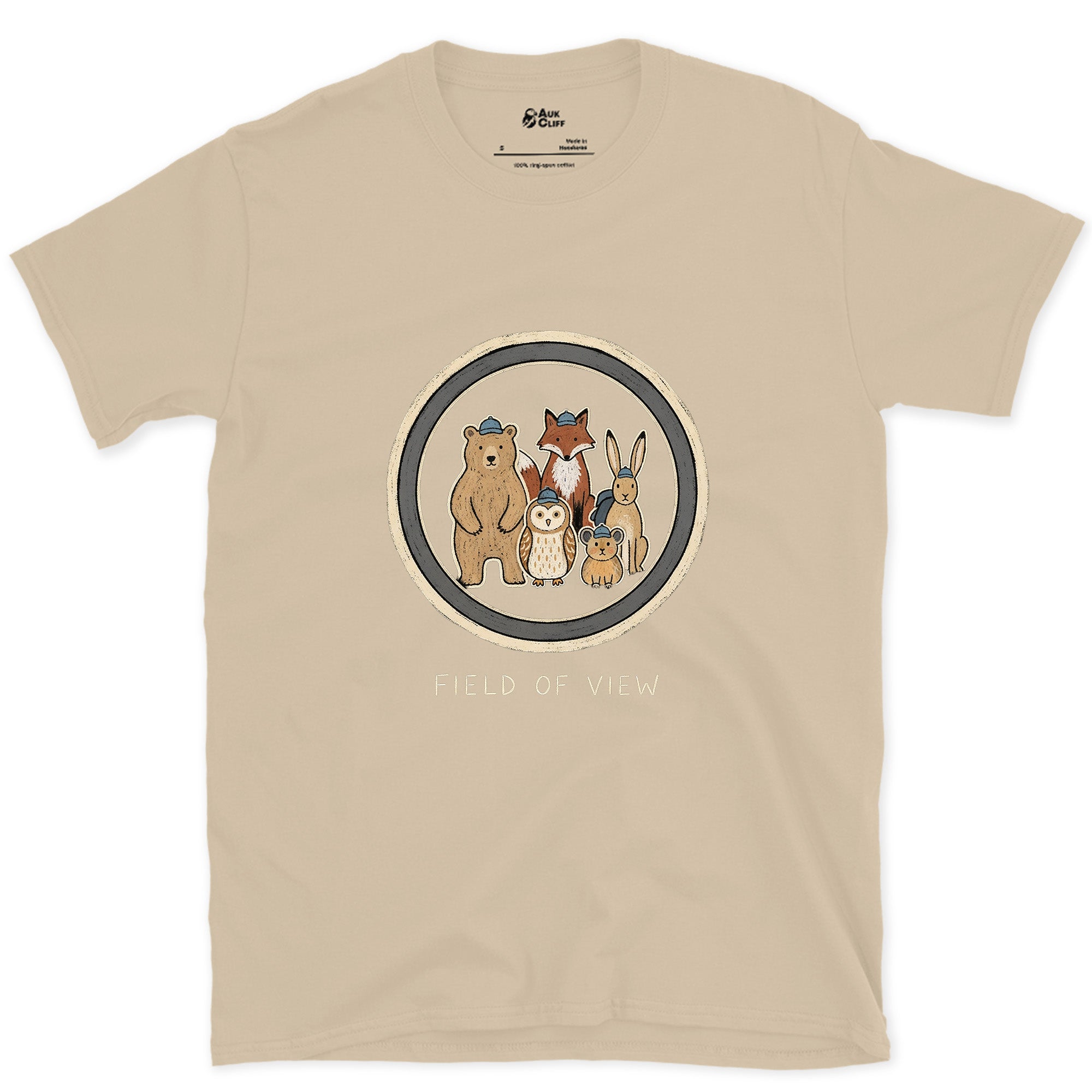 Field of View Held Four Different Animals design on a Sand Gildan Softstyle t-shirt