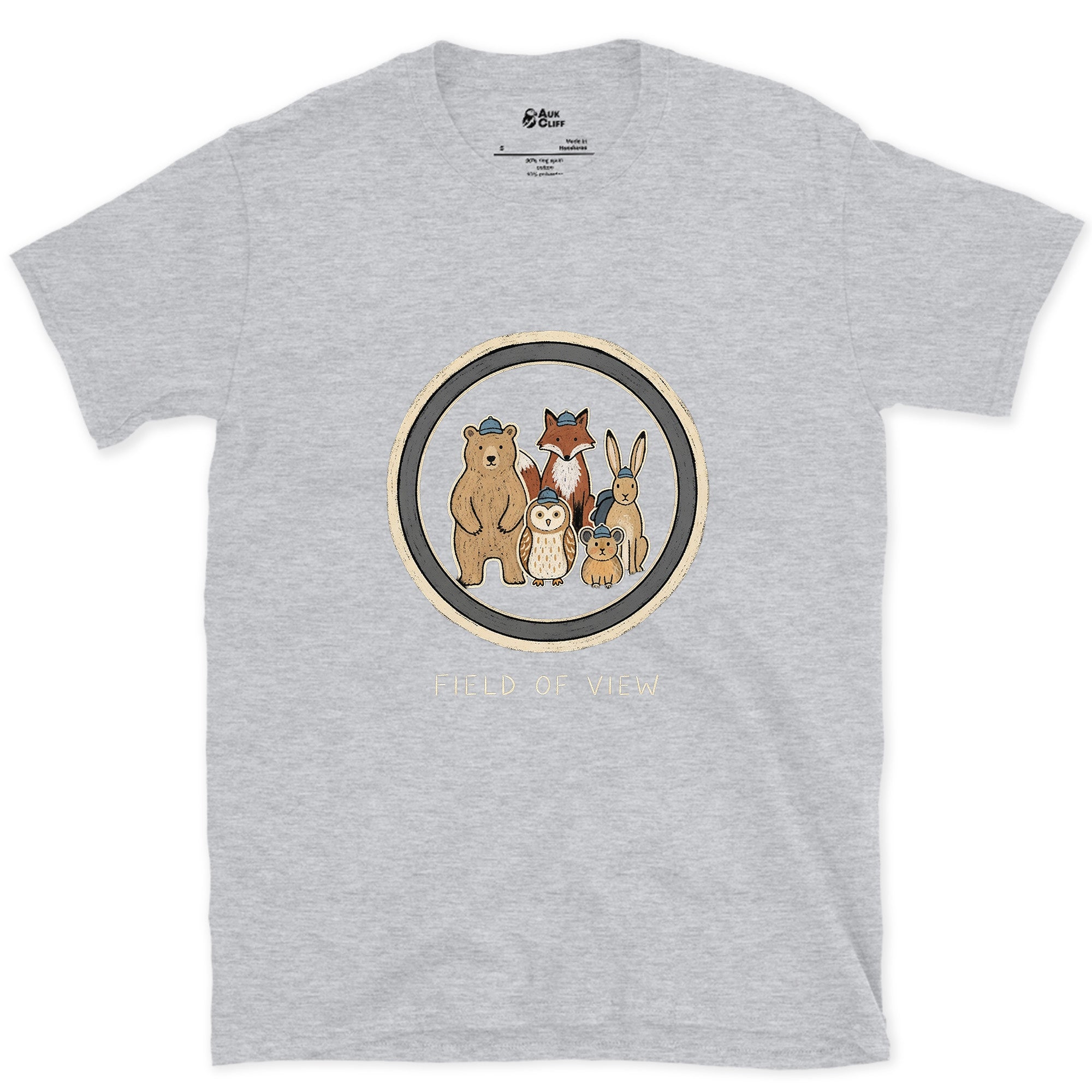 Field of View Held Four Different Animals design on a Sport Grey Gildan Softstyle t-shirt