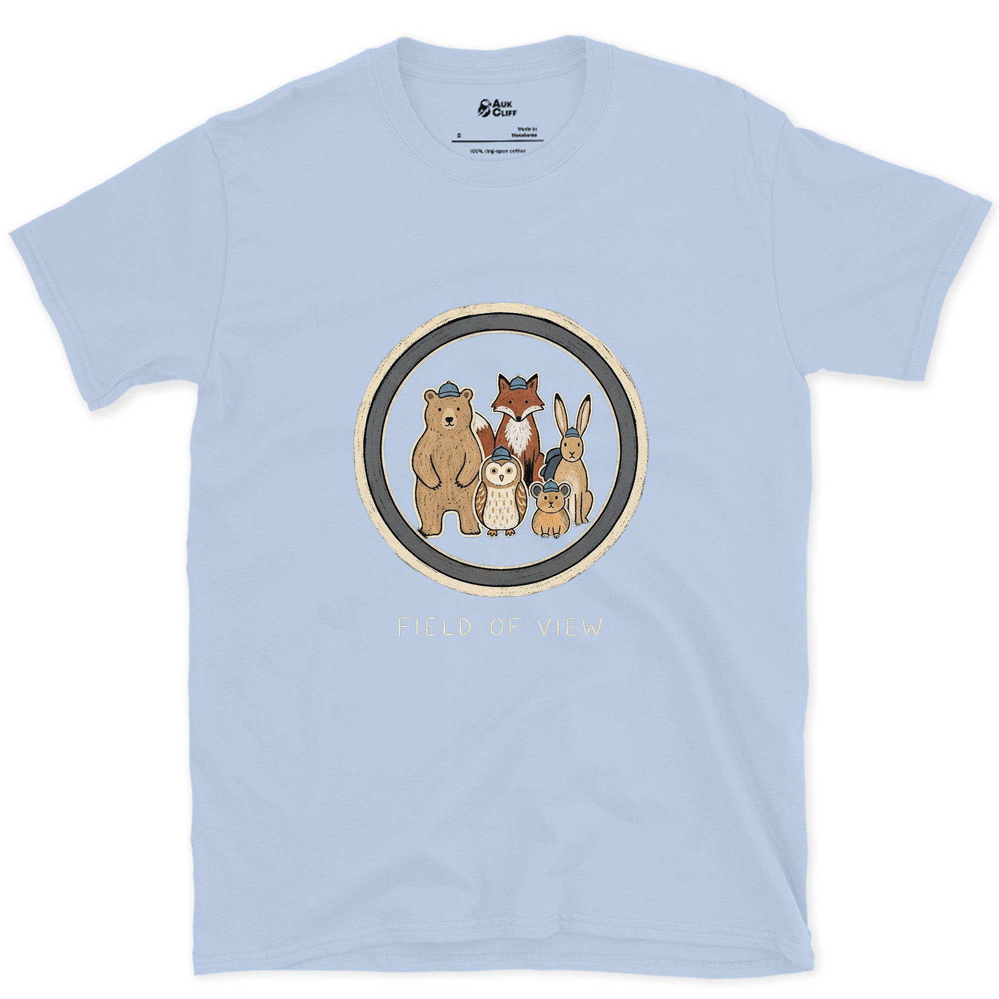 Field of View Held Four Different Animals design on a Light Blue Gildan Softstyle t-shirt